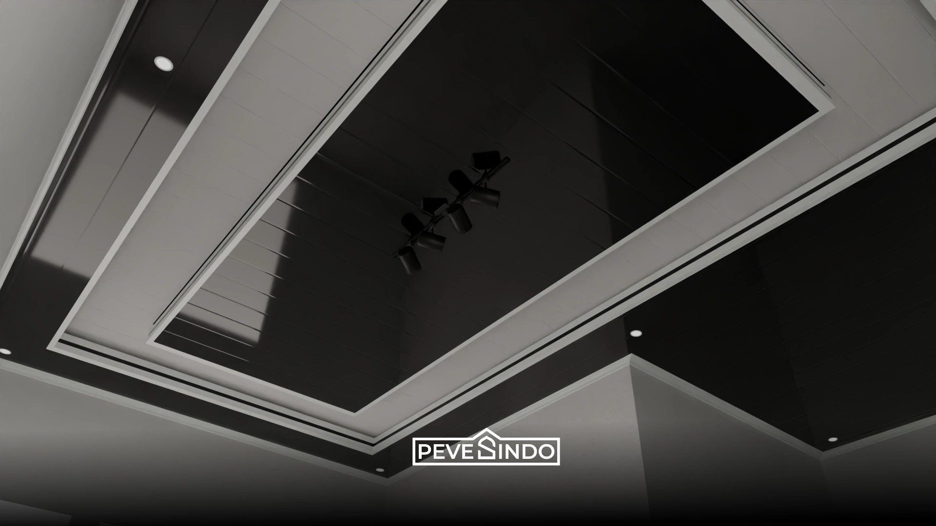 Desain plafon PVC kombinasi warna hitam dan putih modern untuk kamar tidur utama.