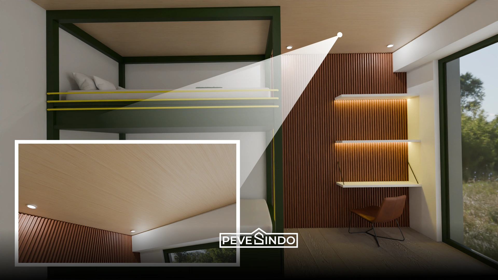 Foto plafon PVC motif kayu cokelat muda terpasang rapi di ruang keluarga rumah subsidi tipe 36.