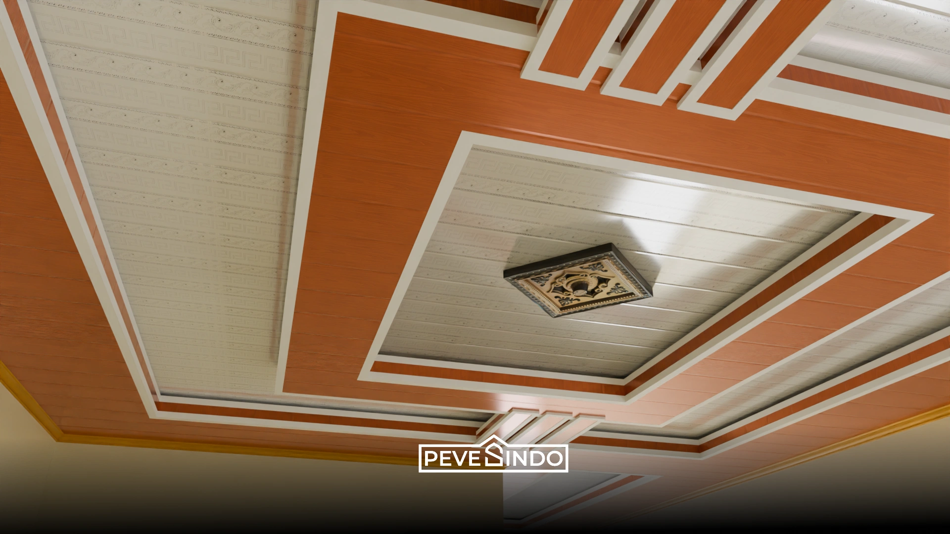 Gambar model plafon PVC mewah tipe drop ceiling dengan lampu LED kuning hangat untuk ruang tamu minimalis.