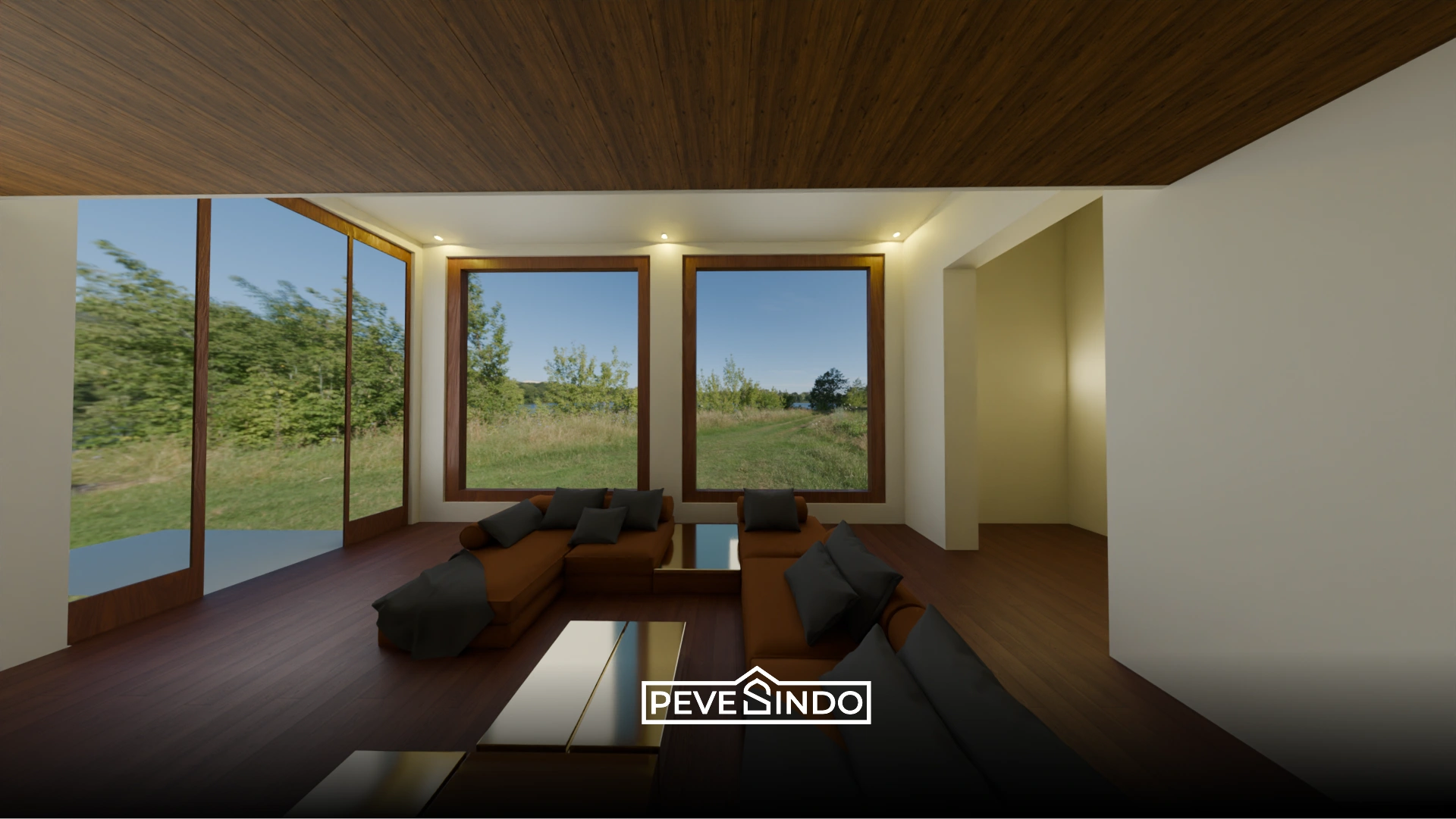 Model rekomendasi plafon PVC ruang keluarga motif kayu minimalis dengan lampu LED sembunyi yang mewah.