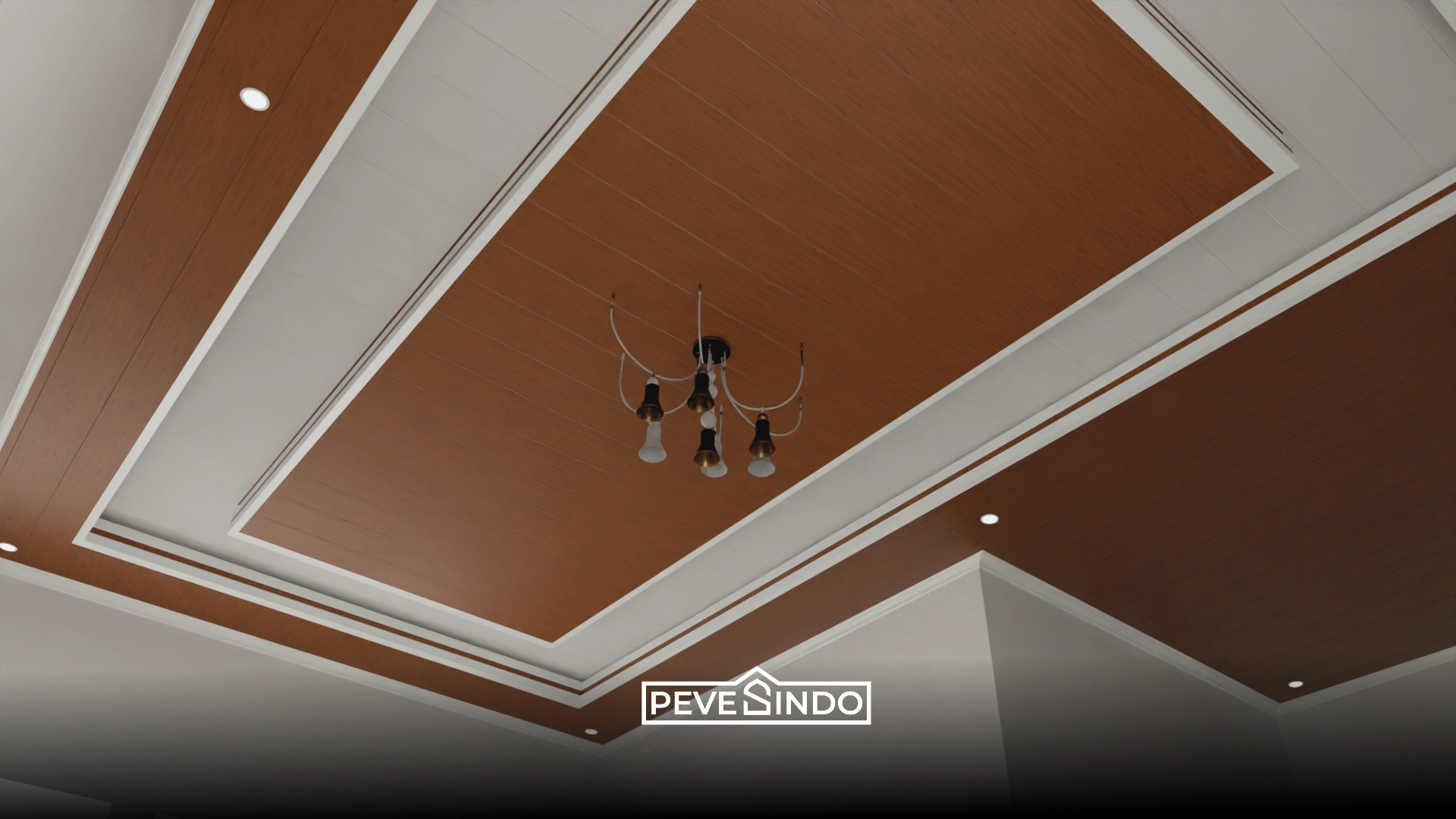 Model rekomendasi plafon PVC ruang keluarga motif kayu minimalis dengan lampu LED sembunyi yang mewah.