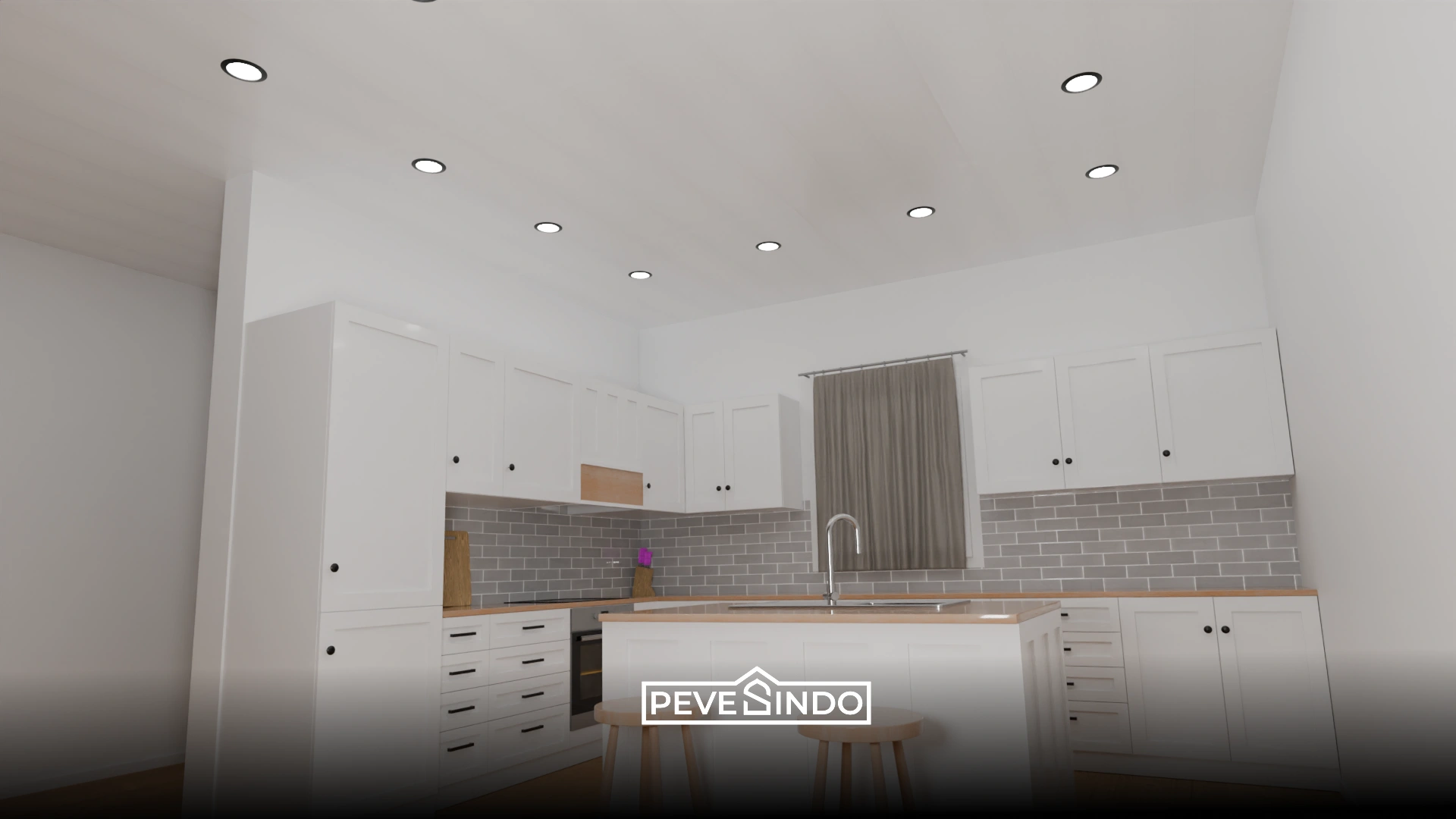 Inspirasi plafon PVC dapur motif marmer putih yang bersih dan mudah dibersihkan dari noda minyak.