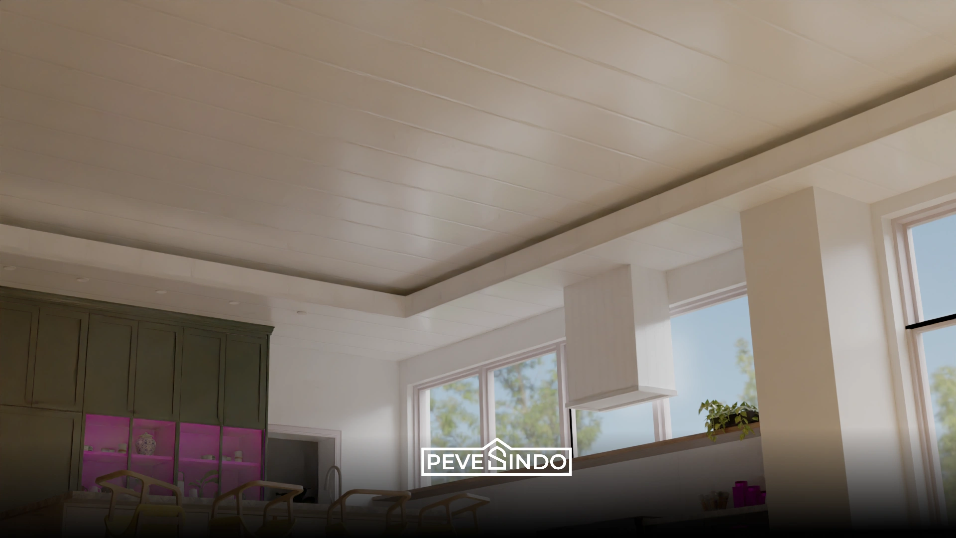 Inspirasi plafon PVC dapur motif marmer putih yang bersih dan mudah dibersihkan dari noda minyak.