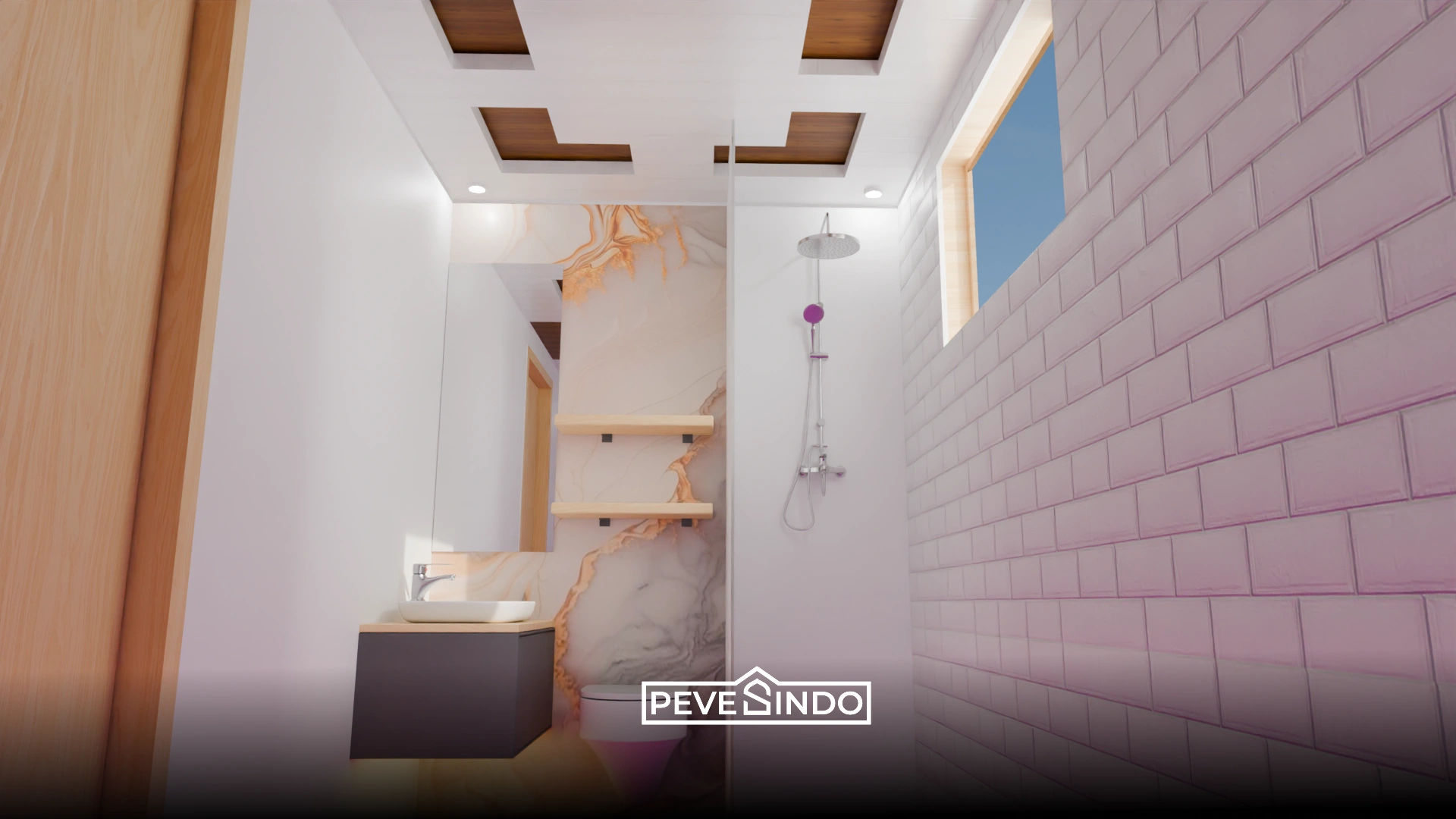 Inspirasi plafon PVC dapur motif marmer putih yang bersih dan mudah dibersihkan dari noda minyak