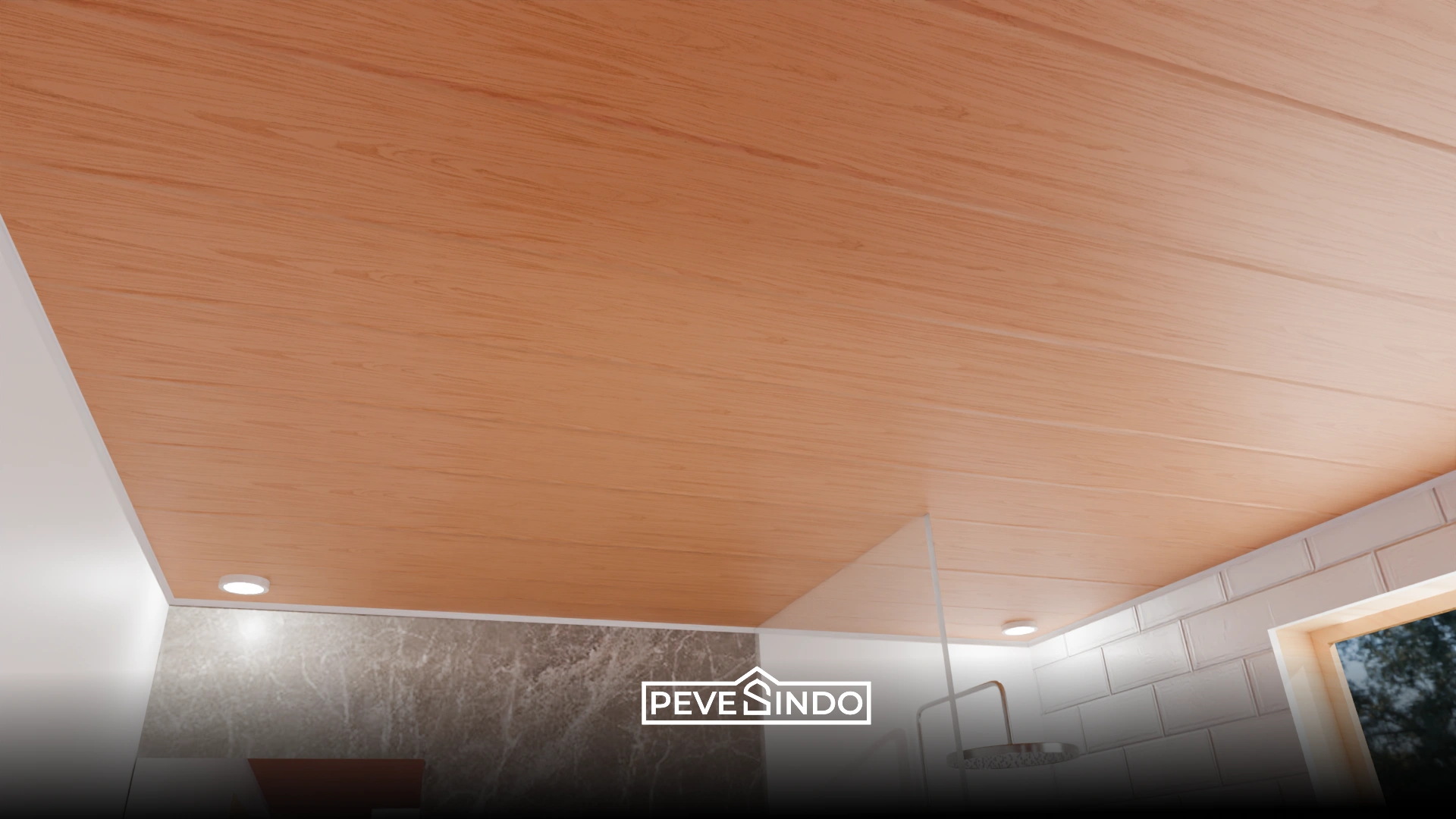 Inspirasi plafon PVC dapur motif marmer putih yang bersih dan mudah dibersihkan dari noda minyak