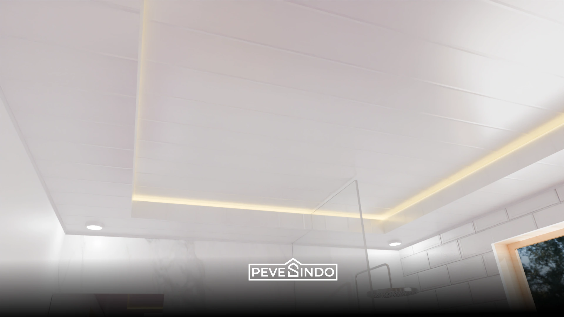 Inspirasi plafon PVC dapur motif marmer putih yang bersih dan mudah dibersihkan dari noda minyak