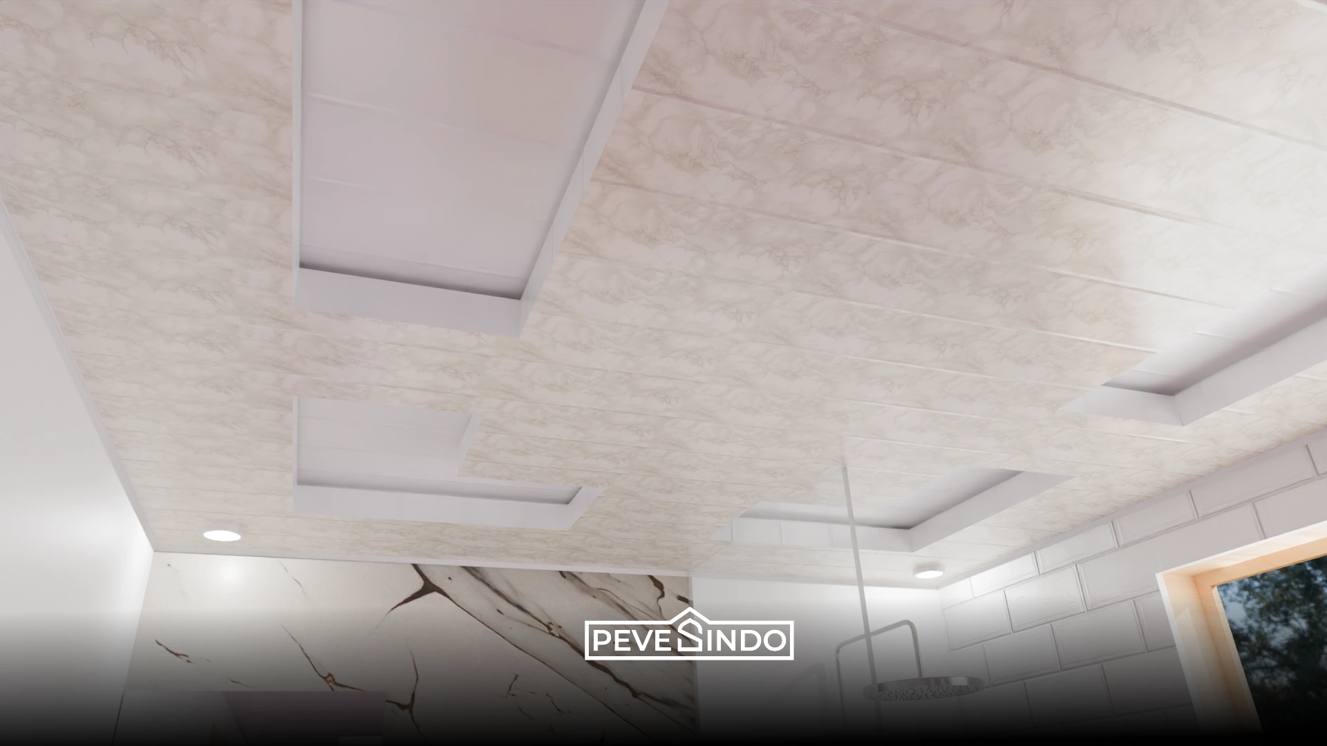 Inspirasi plafon PVC dapur motif marmer putih yang bersih dan mudah dibersihkan dari noda minyak