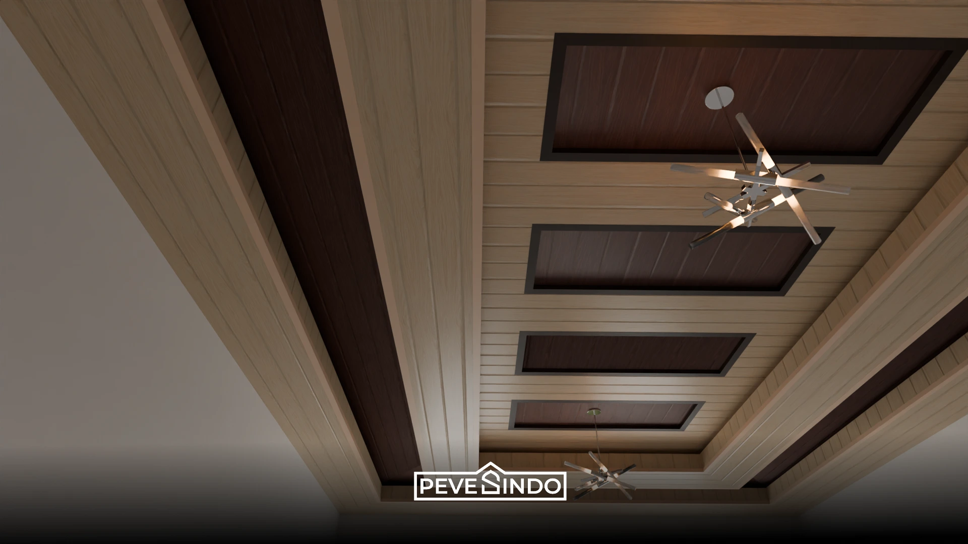 Plafon PVC dengan pola garis geometris modern untuk interior dapur yang unik.