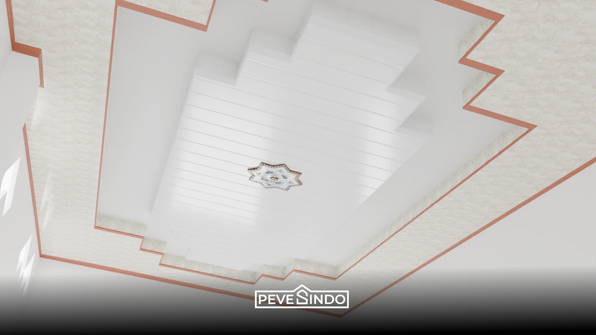 Plafon PVC motif marmer putih corak abu-abu membuat dapur terlihat sangat mewah.