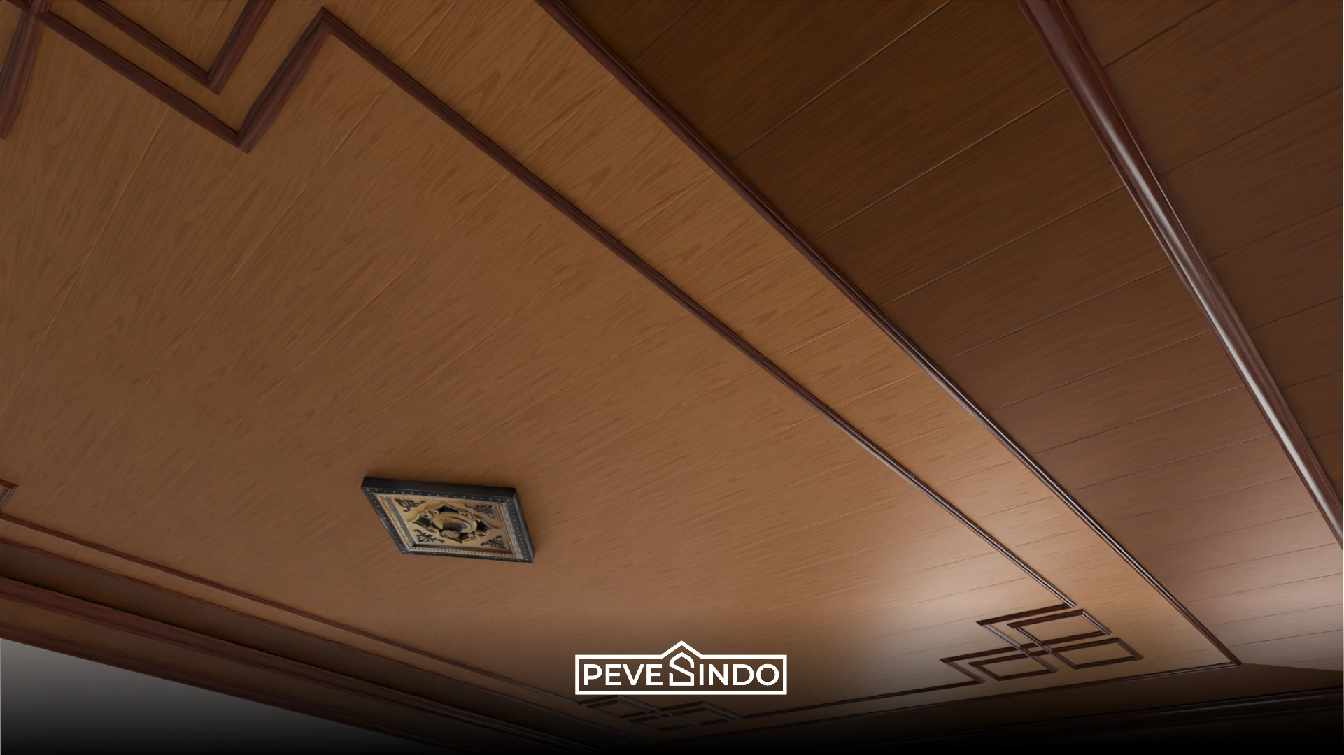 Plafon PVC motif kayu coklat muda memberikan kesan hangat pada dapur modern.