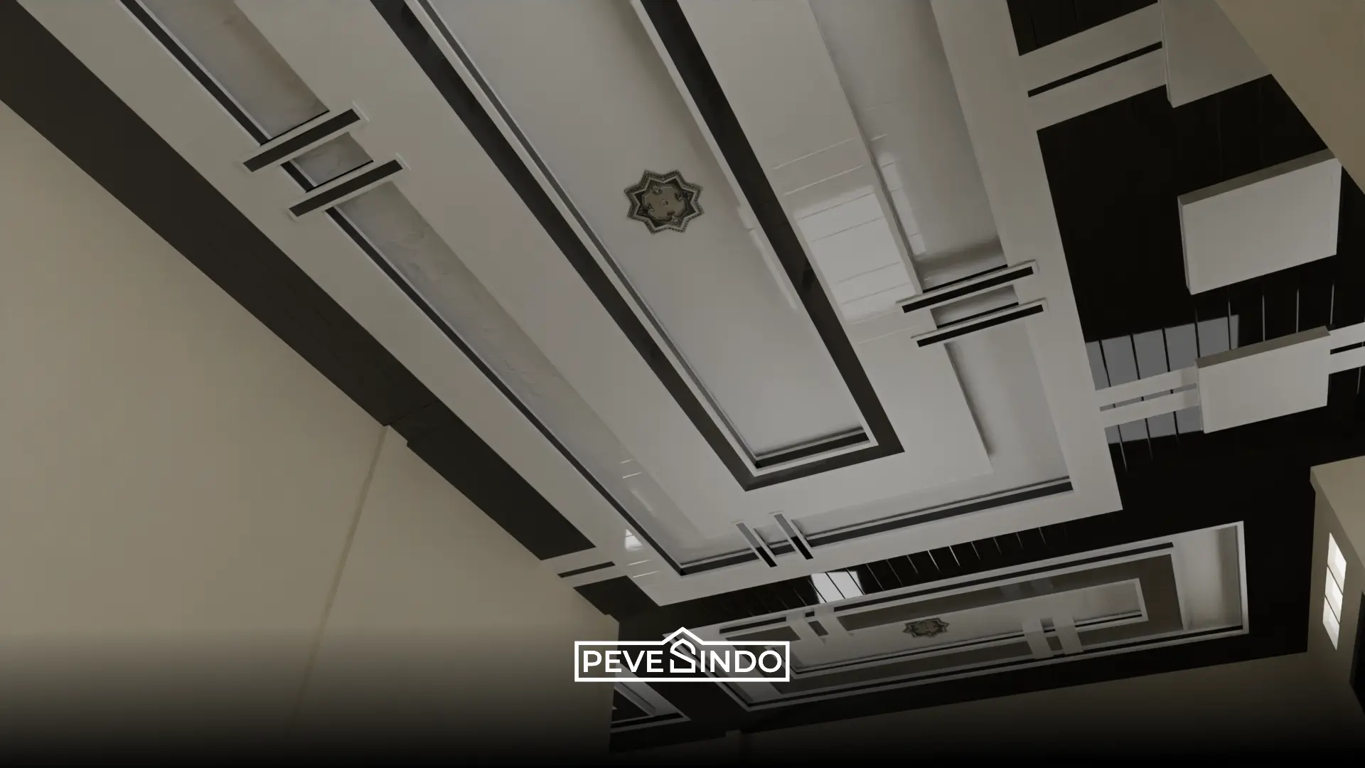 Contoh gambar plafon PVC untuk kamar dengan aksen lis hitam minimalis bergaya industrial.