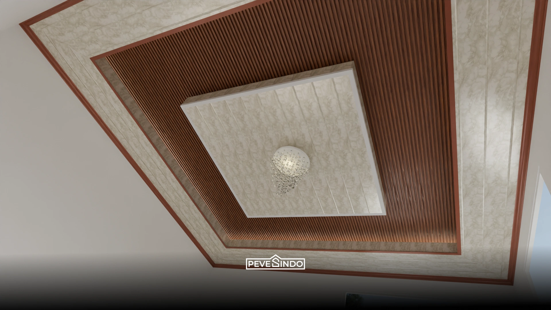 Desain plafon dapur dengan bagian tengah polos dan bingkai drop ceiling motif marmer.