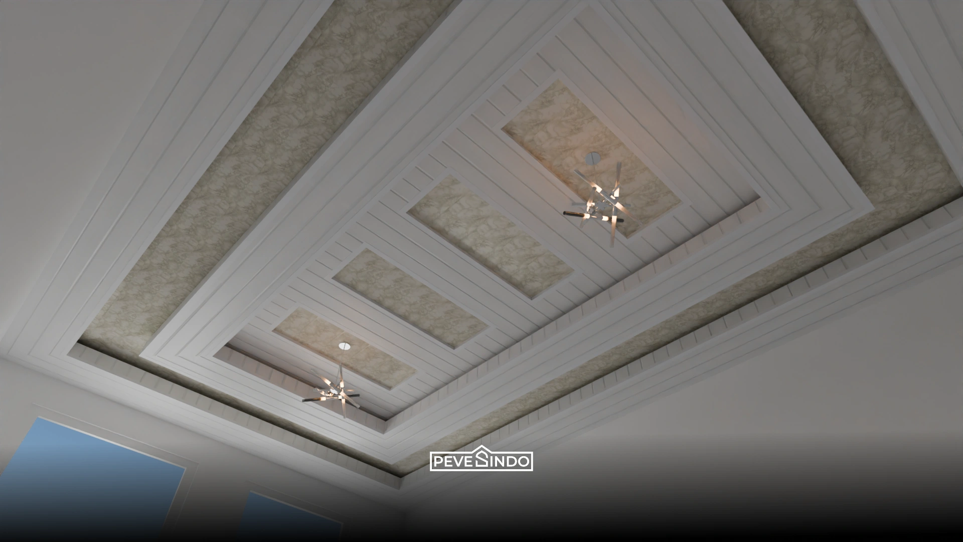 Model plafon PVC bertingkat gaya eropa dengan motif marmer untuk ruang tamu luas.