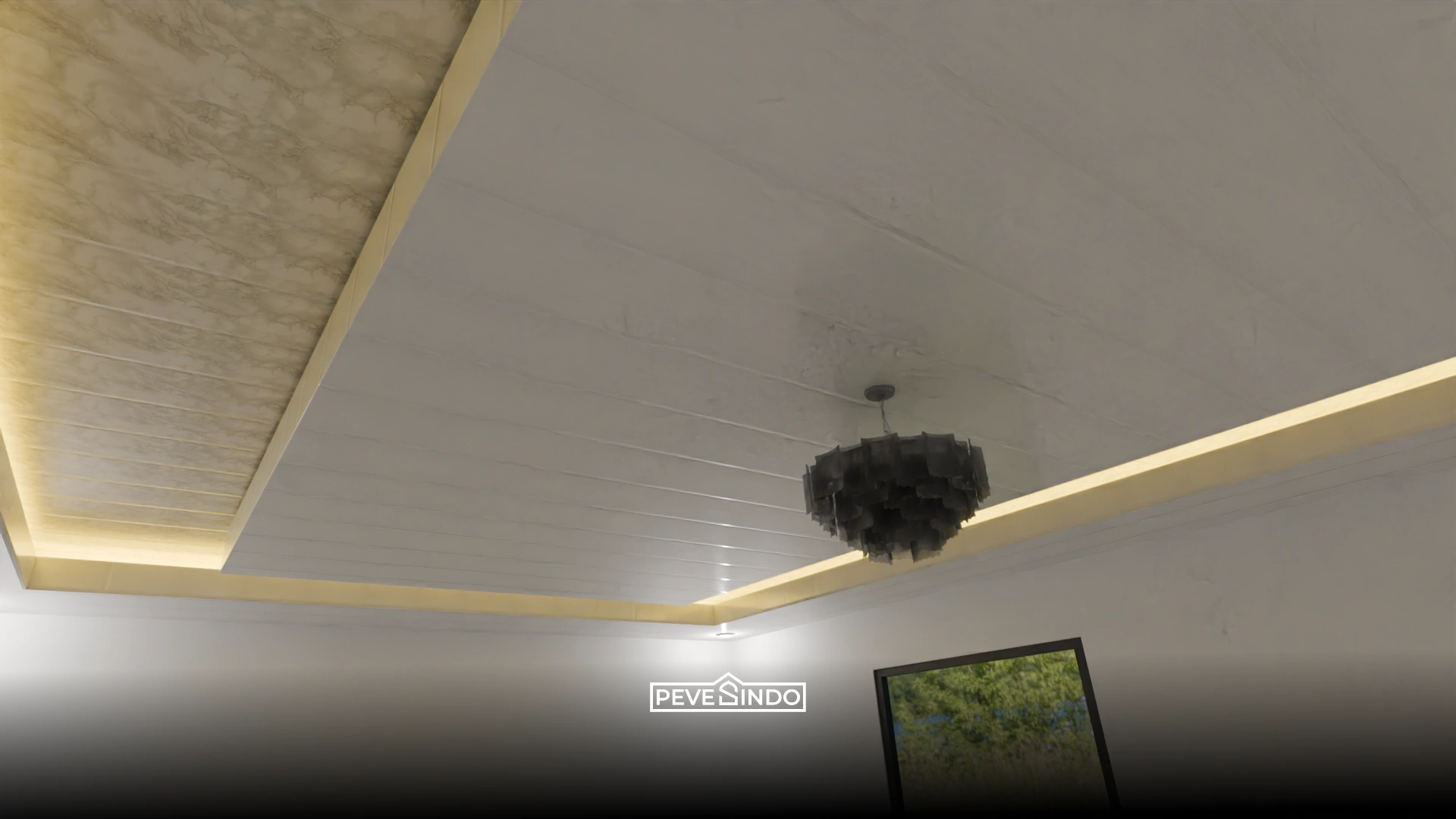 Detail drop ceiling PVC marmer dengan lampu LED tersembunyi yang estetik.