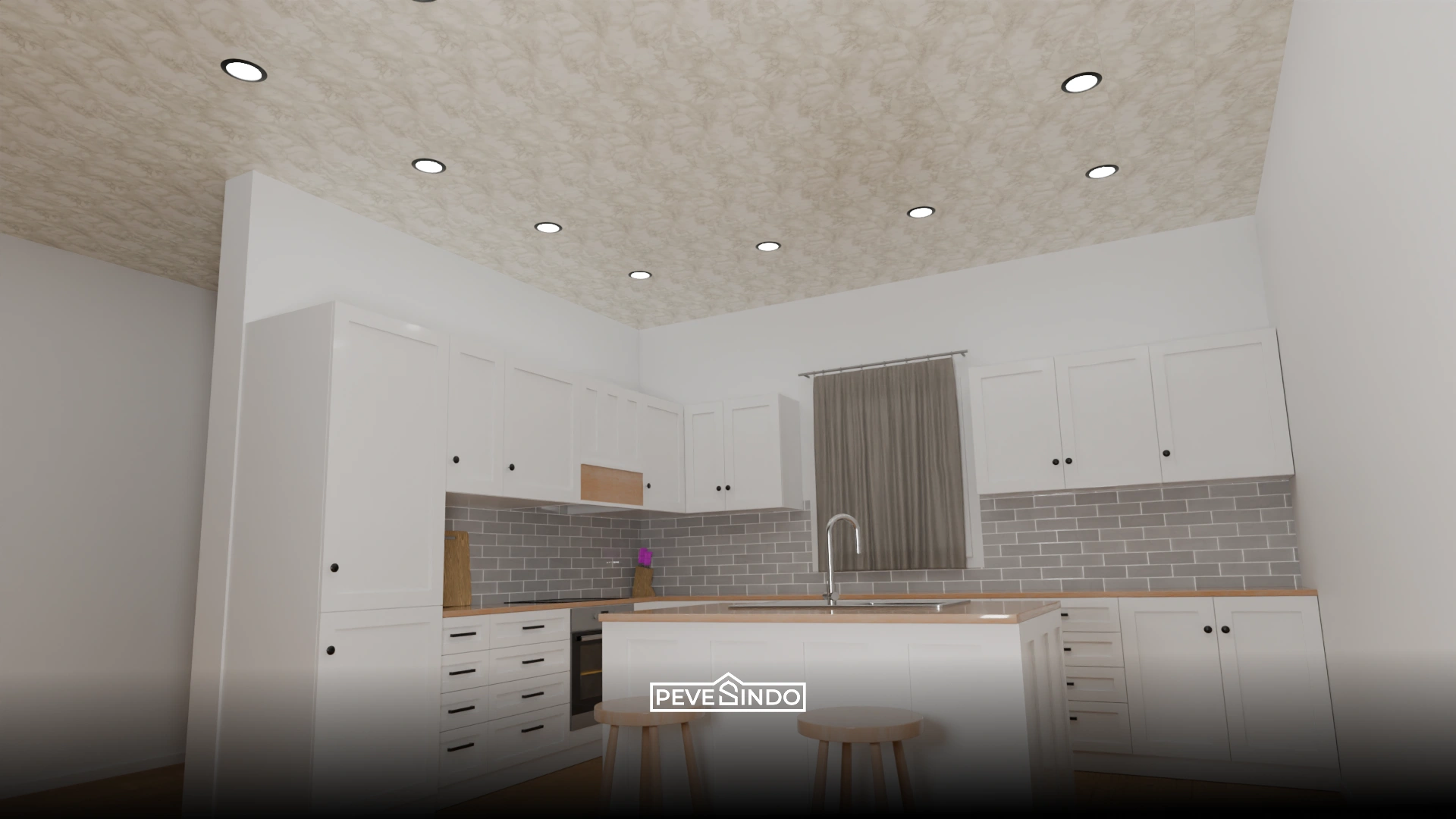 Plafon PVC motif marmer di dapur minimalis dengan pencahayaan lampu downlight.