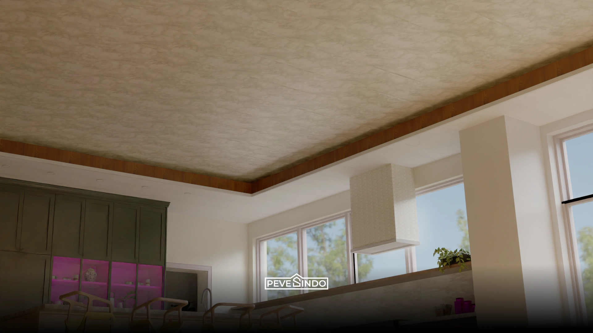 Model plafon PVC mewah kombinasi motif marmer putih dan panel kisi-kisi kayu.