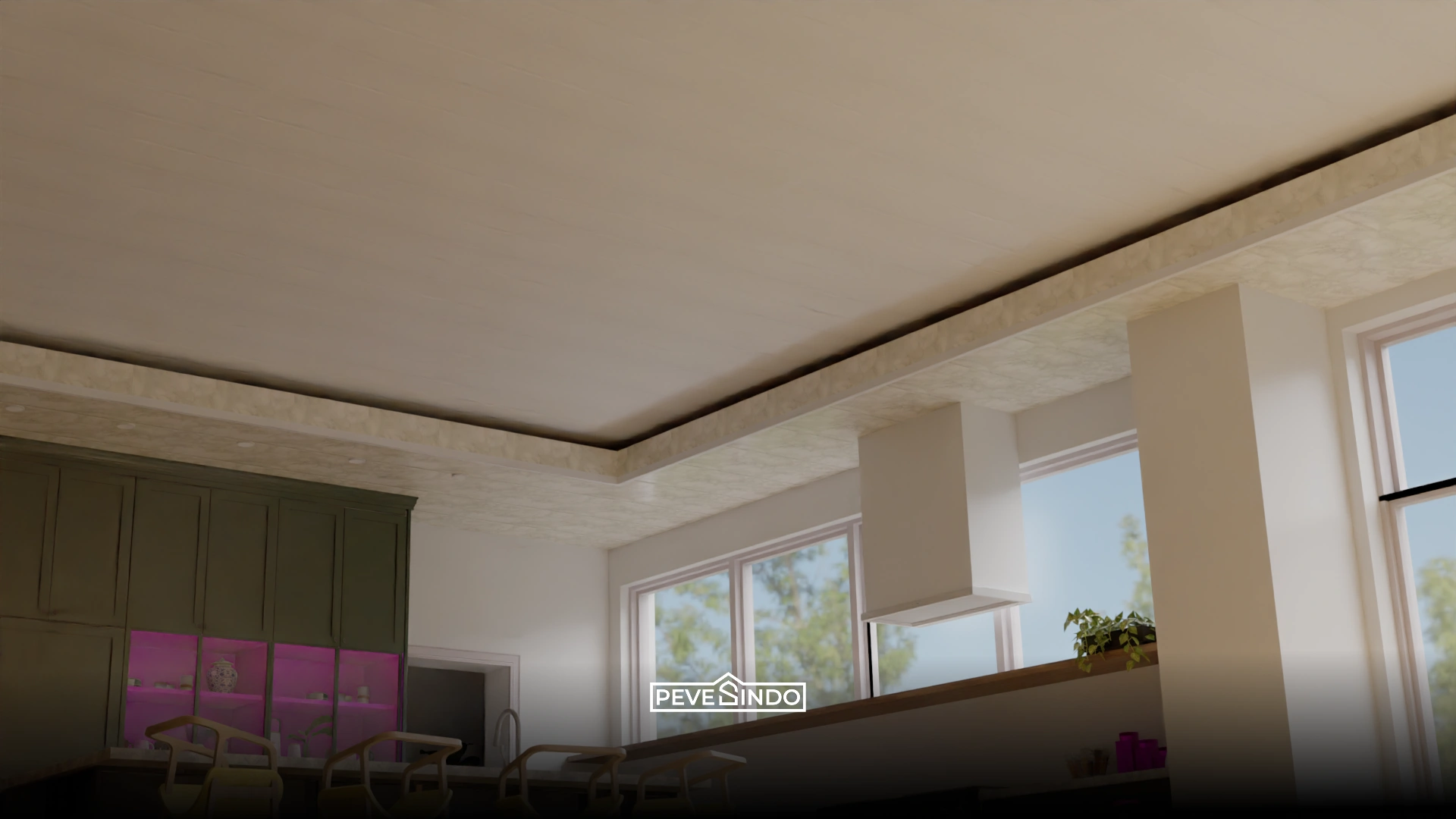 Desain plafon PVC modern putih glossy dengan aksen pinggiran marmer emas.