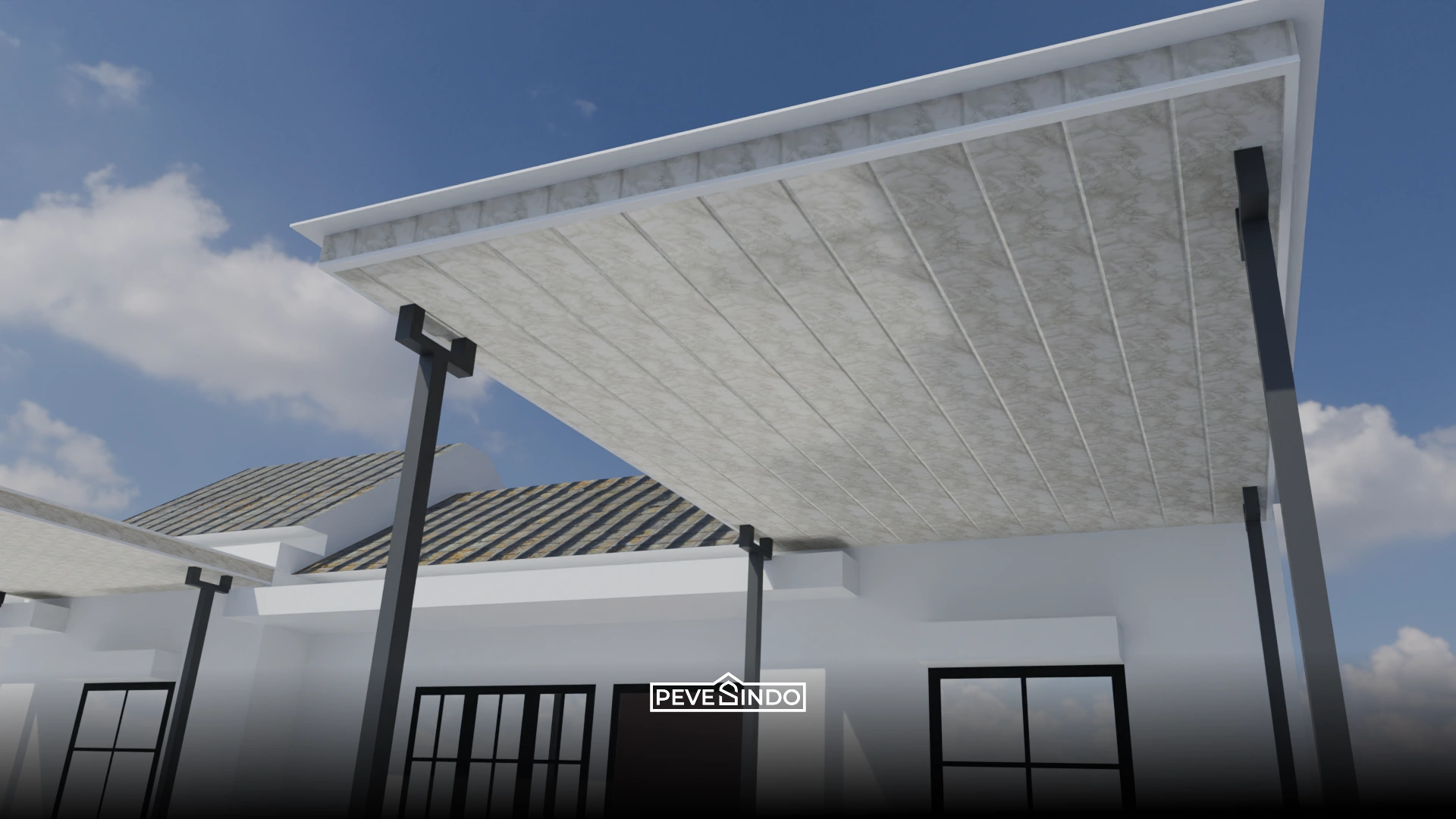 Pemasangan plafon PVC marmer pada teras luar rumah yang tahan air dan panas.