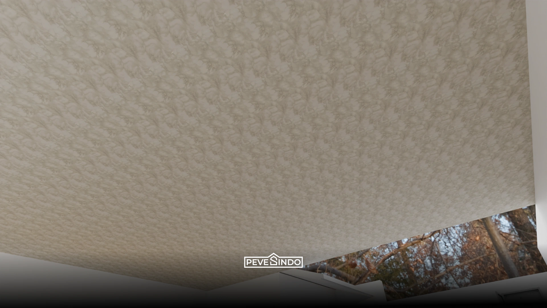 Tekstur motif plafon PVC marmer warna krem yang dipasang rata tanpa sambungan.