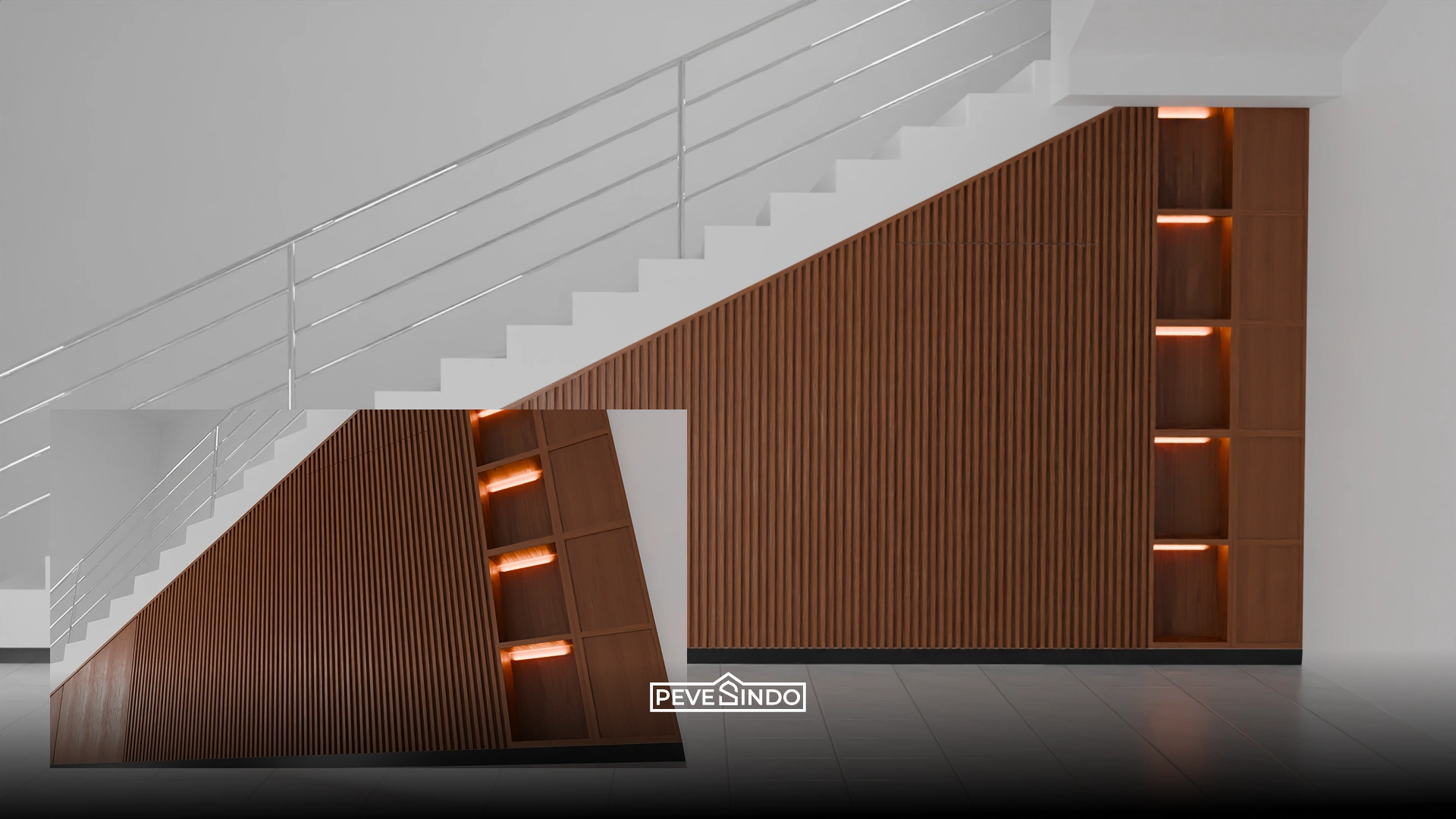 wall panel dibawah tangga warna kayu coklat tua