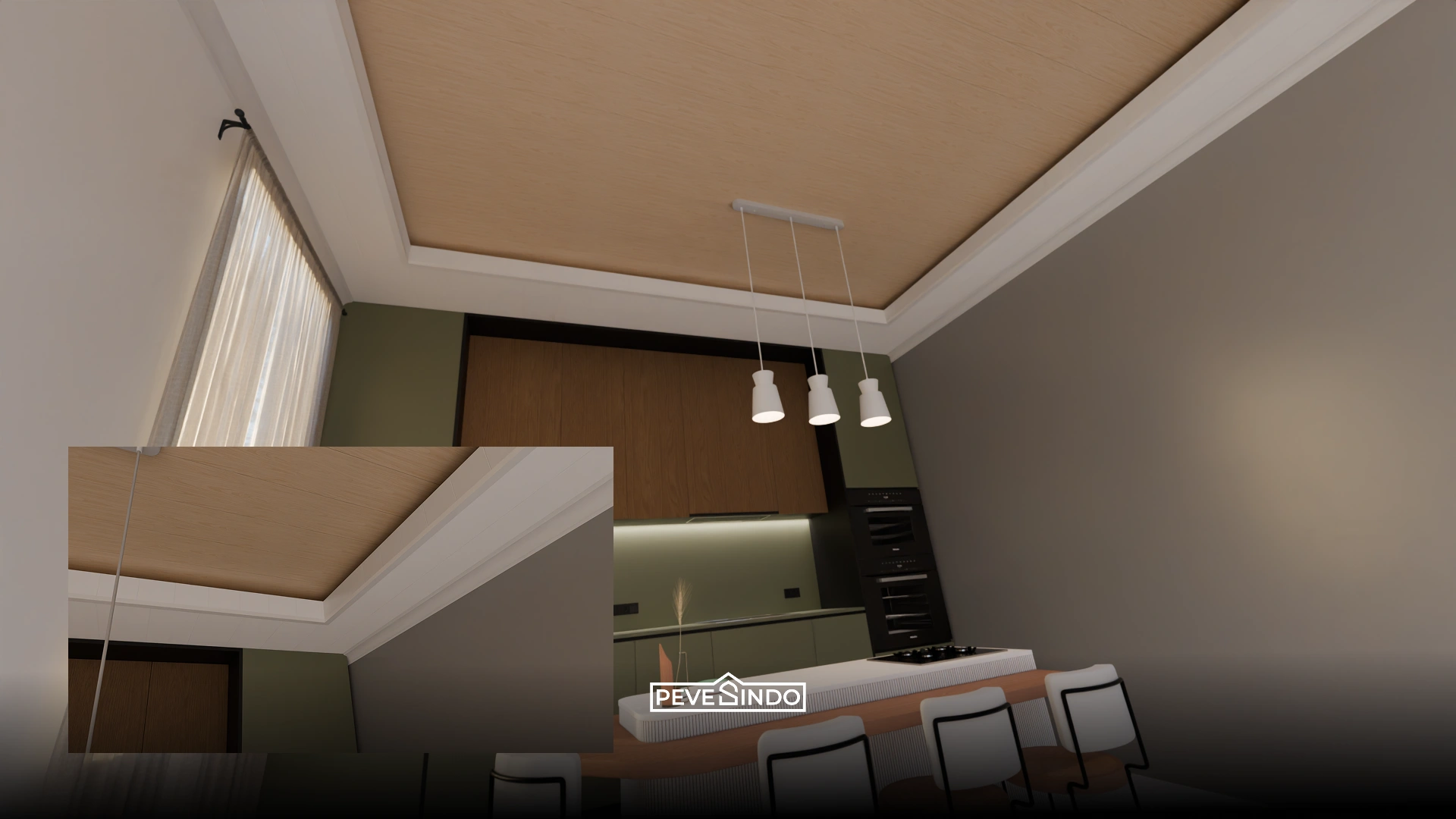 Desain plafon PVC motif kayu cokelat muda untuk dapur bergaya Scandinavian.