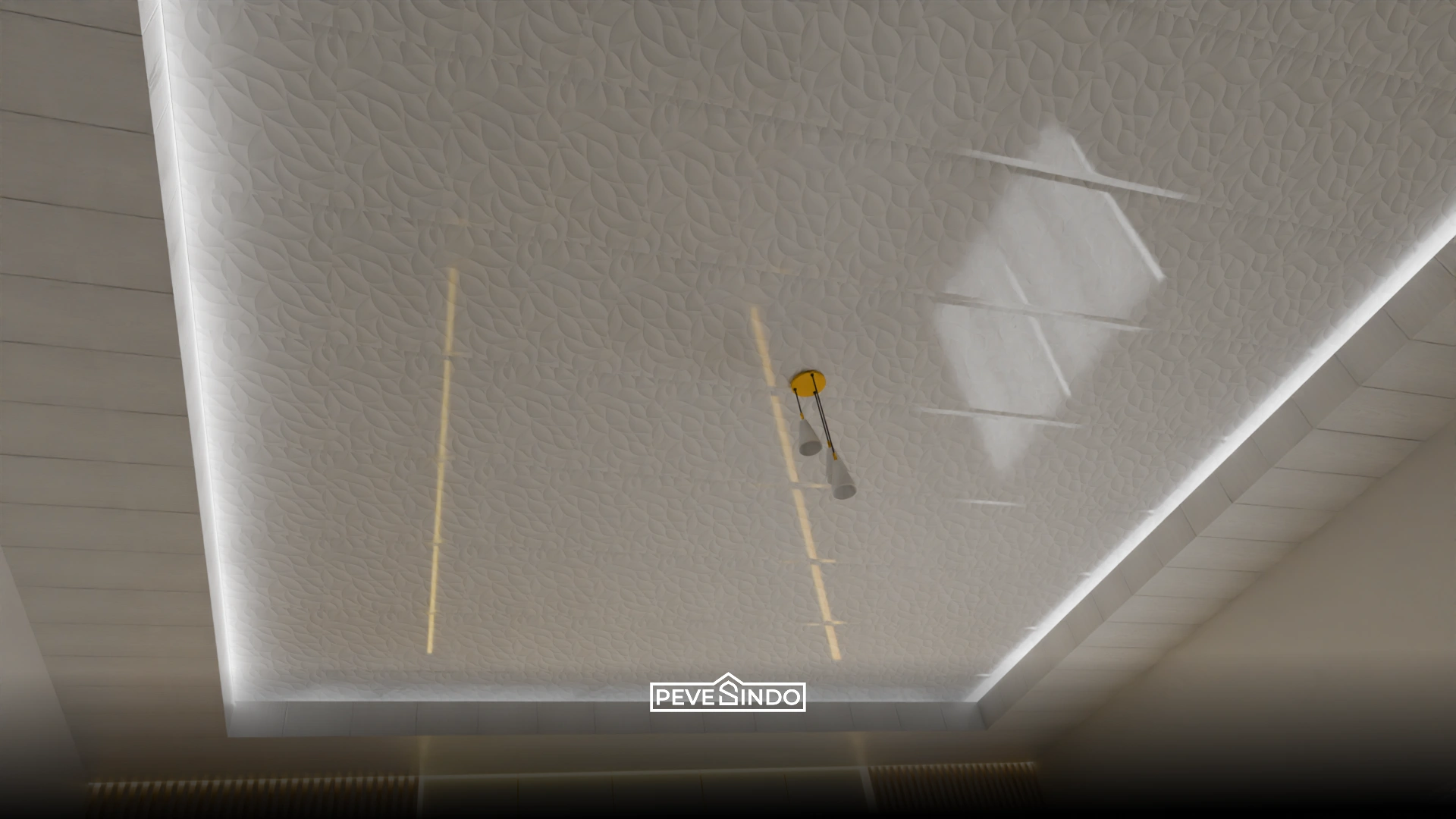 Plafon dapur model drop ceiling dengan lampu LED strip menyala elegan.