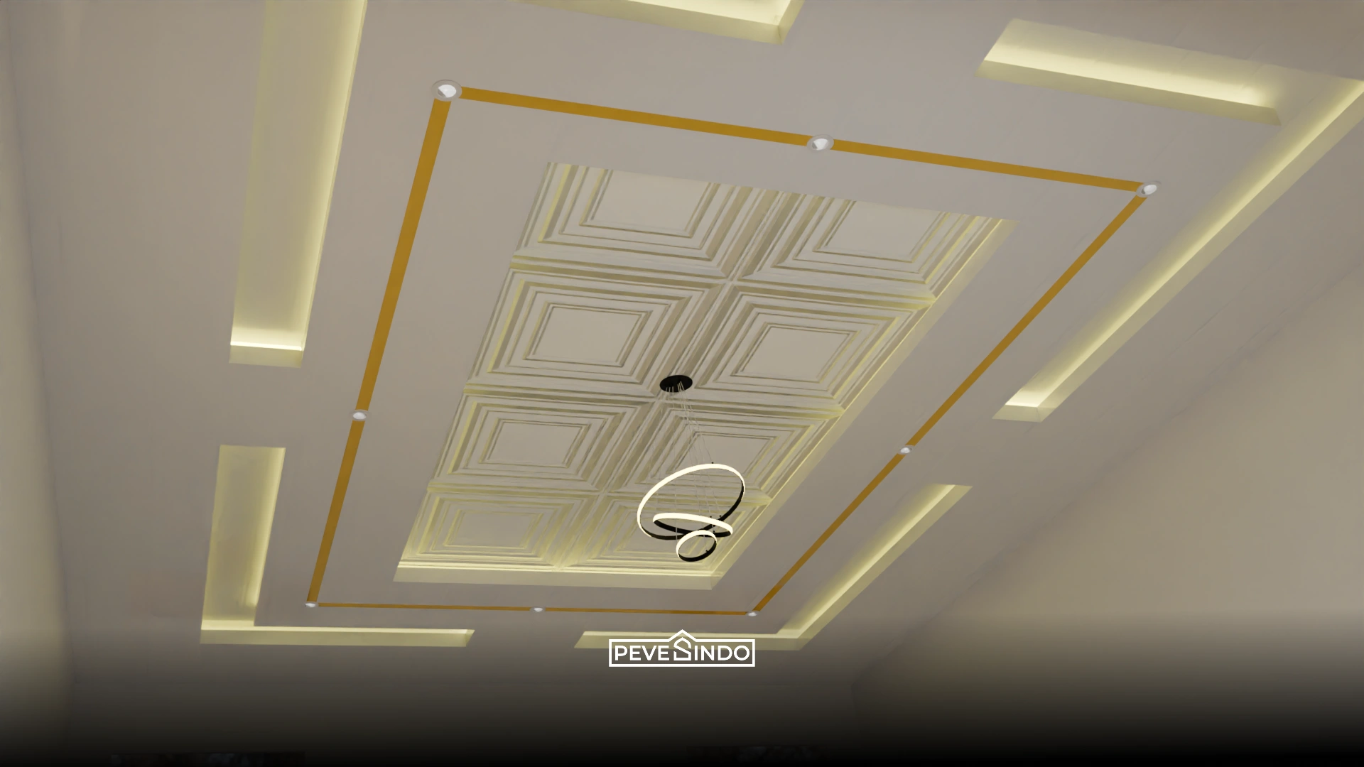 Plafon PVC putih dengan aksen list emas memberikan kesan dapur klasik mewah.