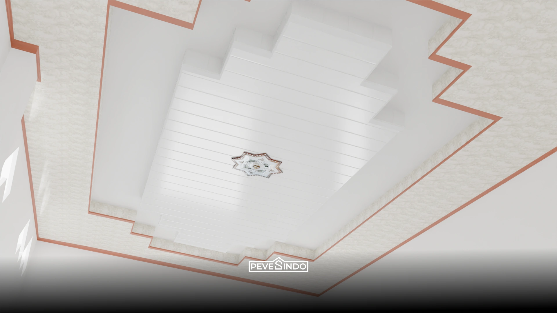 Desain plafon PVC tekstur 3D pola geometris untuk dapur modern.