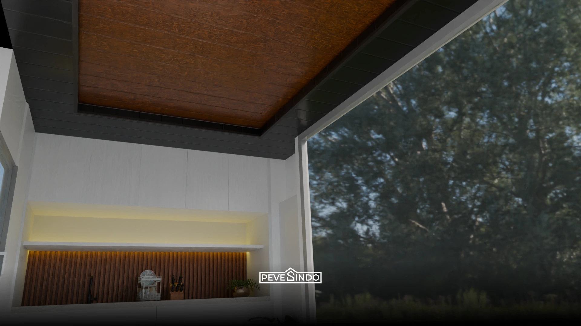 Kombinasi plafon PVC warna hitam dan kayu untuk dapur minimalis modern.