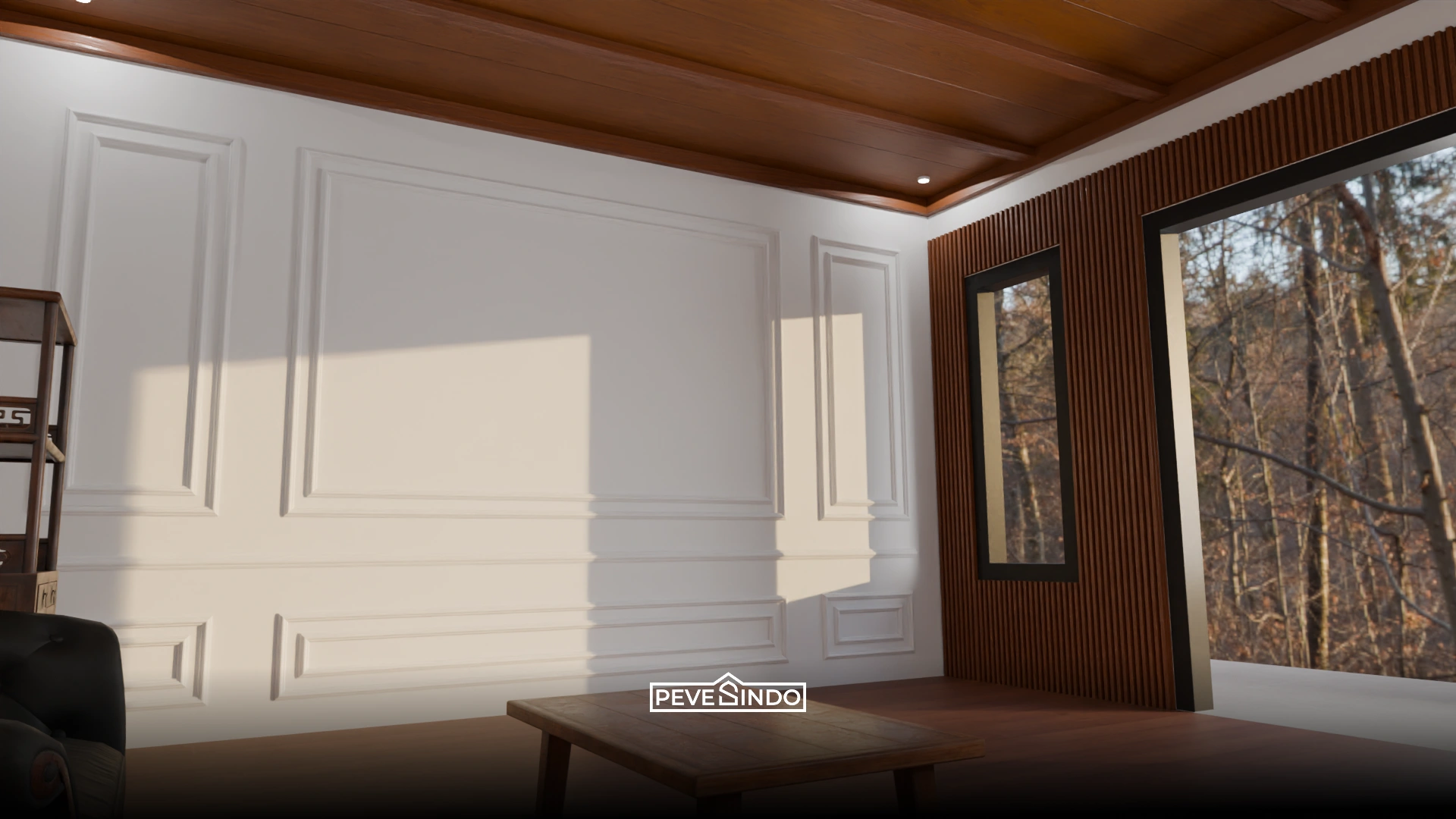 Ruangan santai keluarga dengan dinding full wall panel motif kayu rustic.