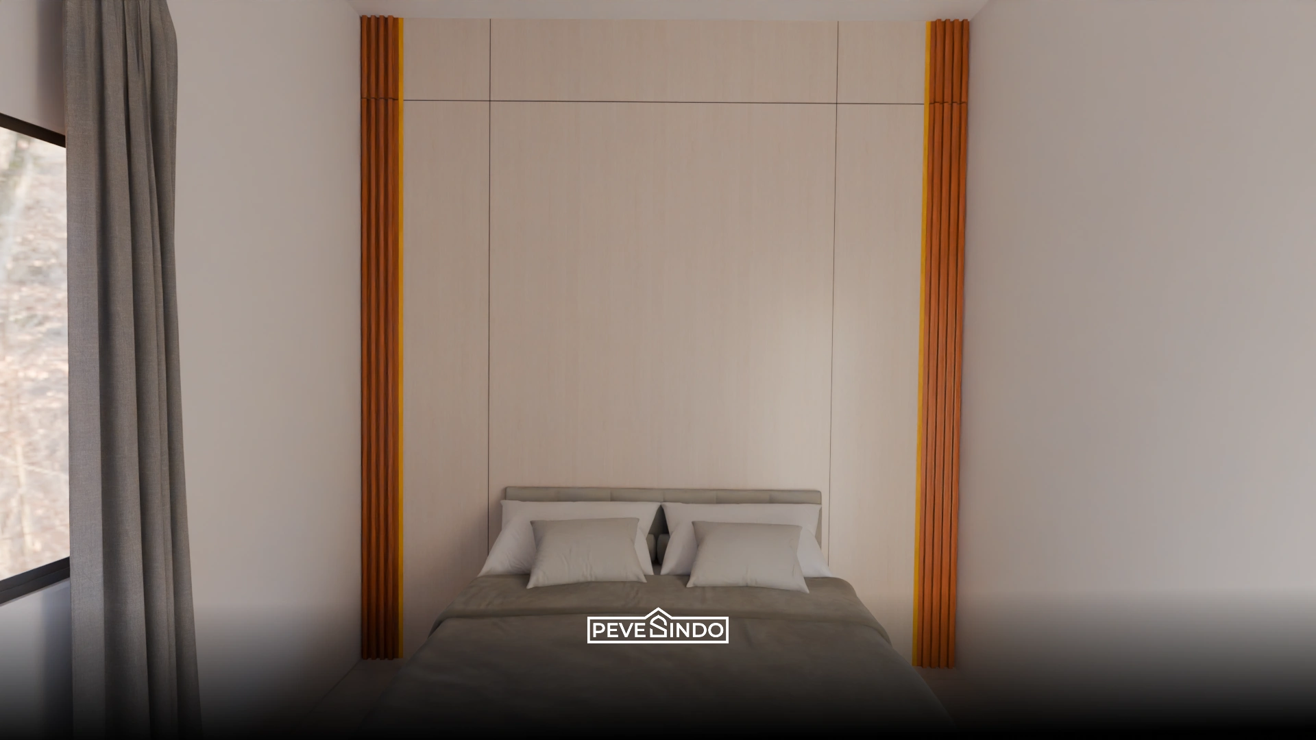 Detail wall panel PVC dengan dekorasi lis stainless steel warna gold yang mewah.