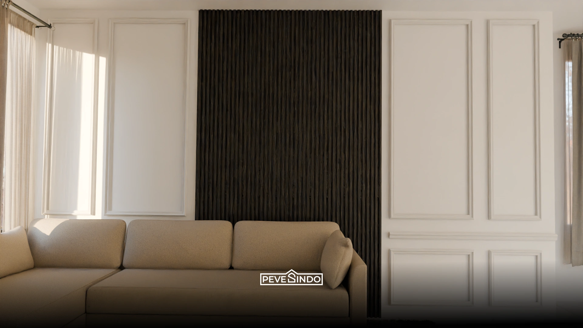 Kombinasi wall panel hitam dan moulding putih untuk ruang keluarga tema monokrom.