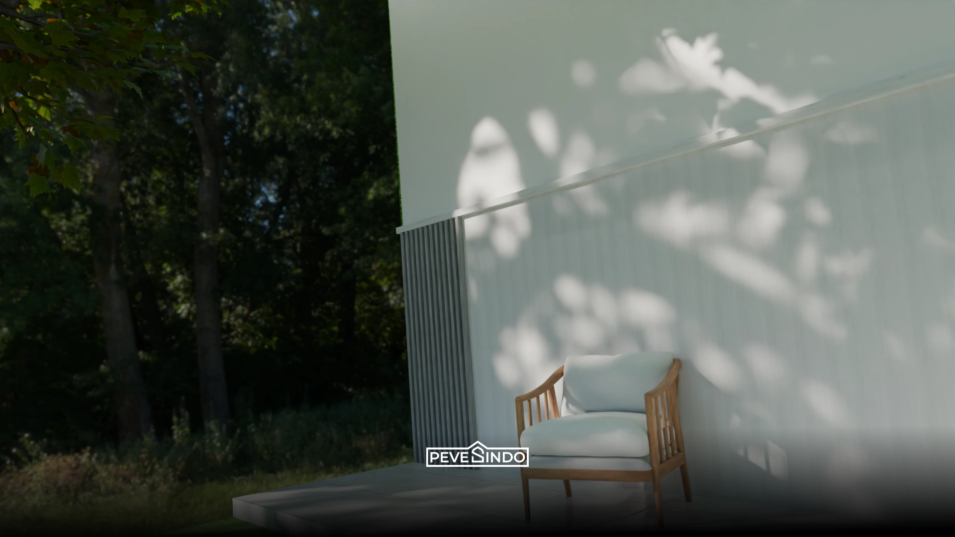 Desain dinding ruang keluarga menggunakan WPC fluted panel cokelat gelap yang estetik.