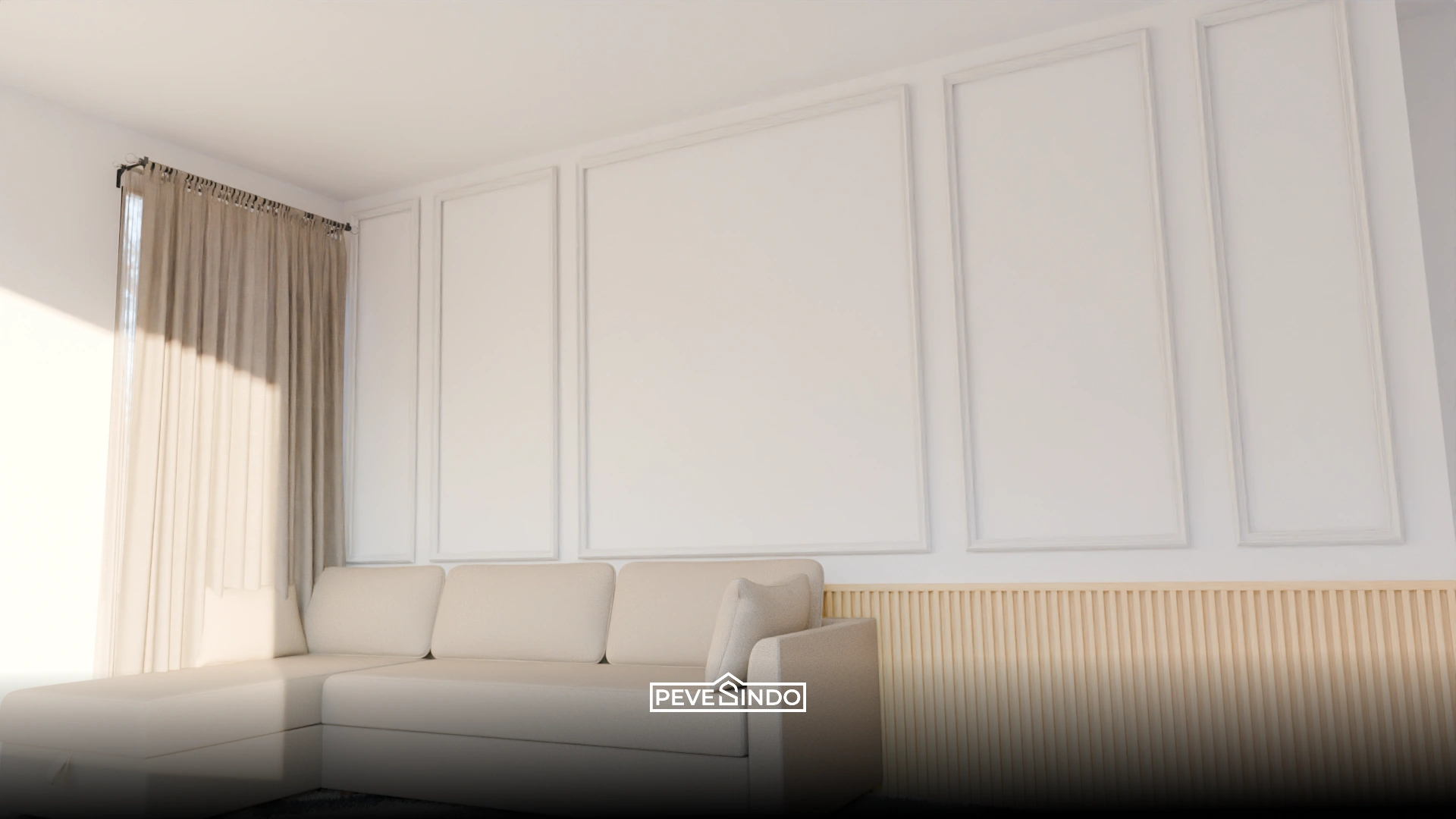 Ruang keluarga gaya Scandinavian dengan aksen moulding dinding warna sage green.