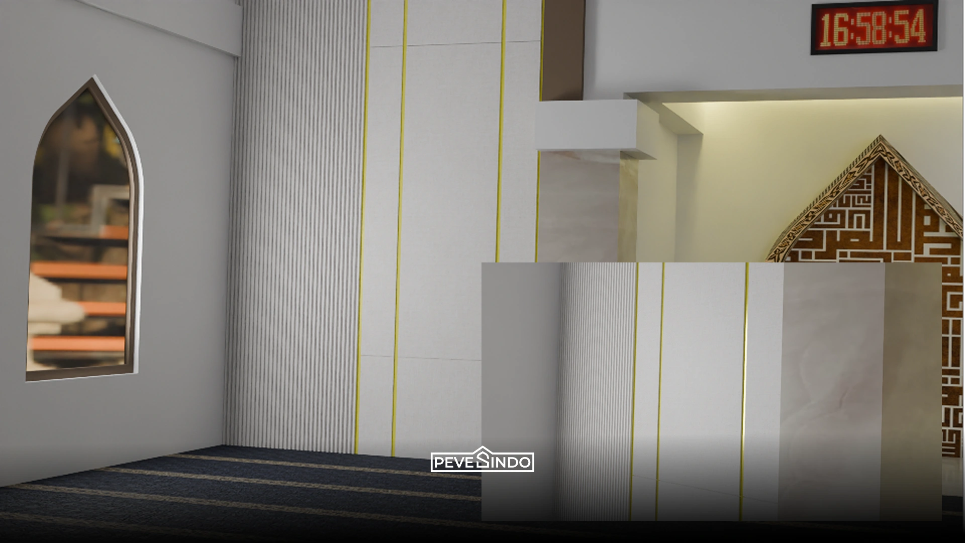 Backdrop TV mewah menggunakan wall panel motif marmer putih dengan serat abu-abu.