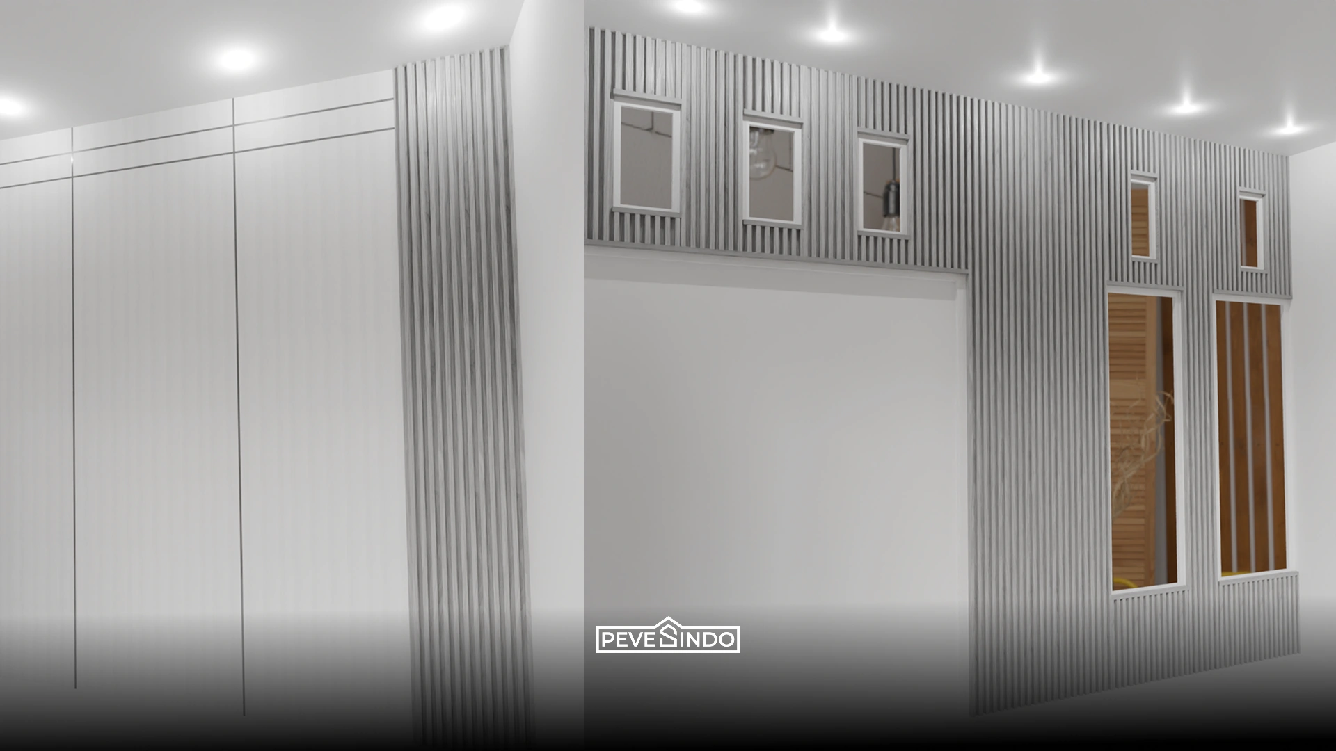 Ruang keluarga gaya industrial menggunakan wall panel PVC tekstur semen abu-abu.