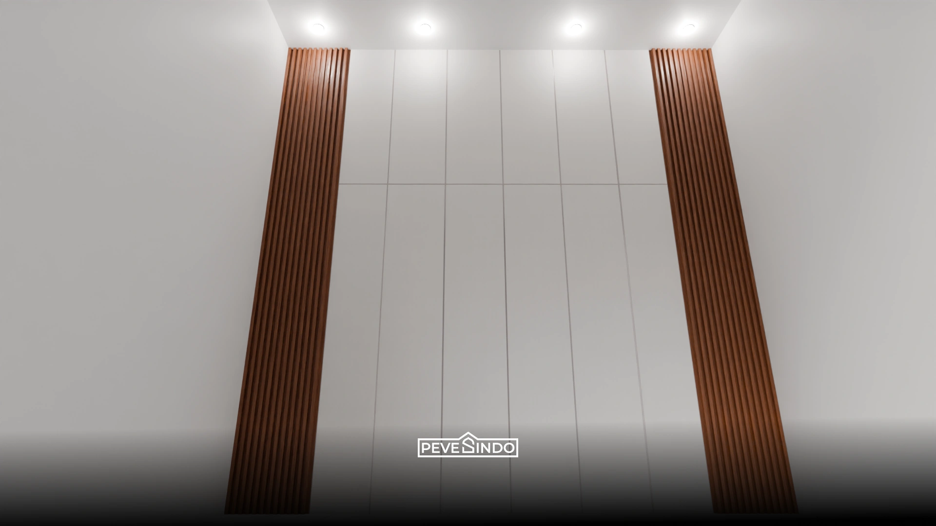 Desain ruang keluarga minimalis dengan wall panel motif kayu warna cokelat muda yang elegan.