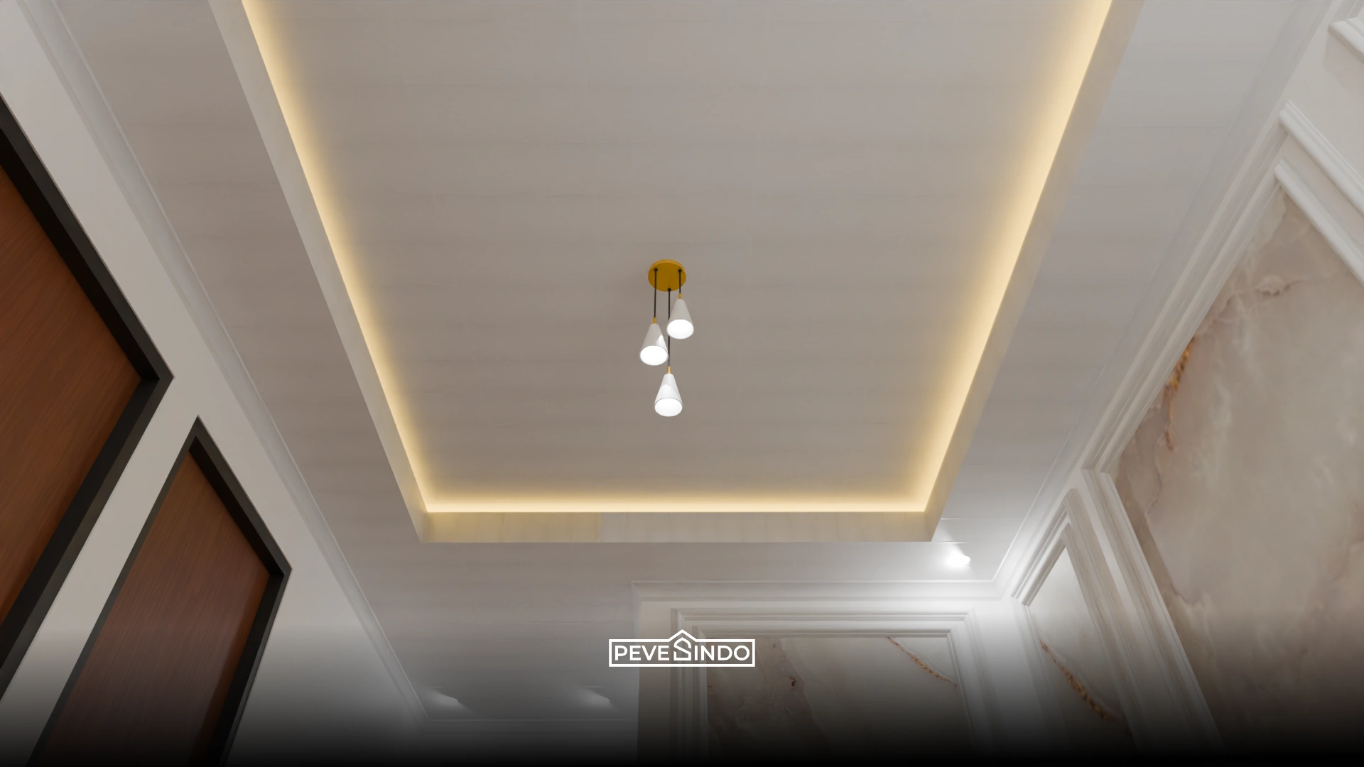 Model plafon PVC bertingkat warna krem elegan dengan lampu downlight untuk ruang kerja hening.