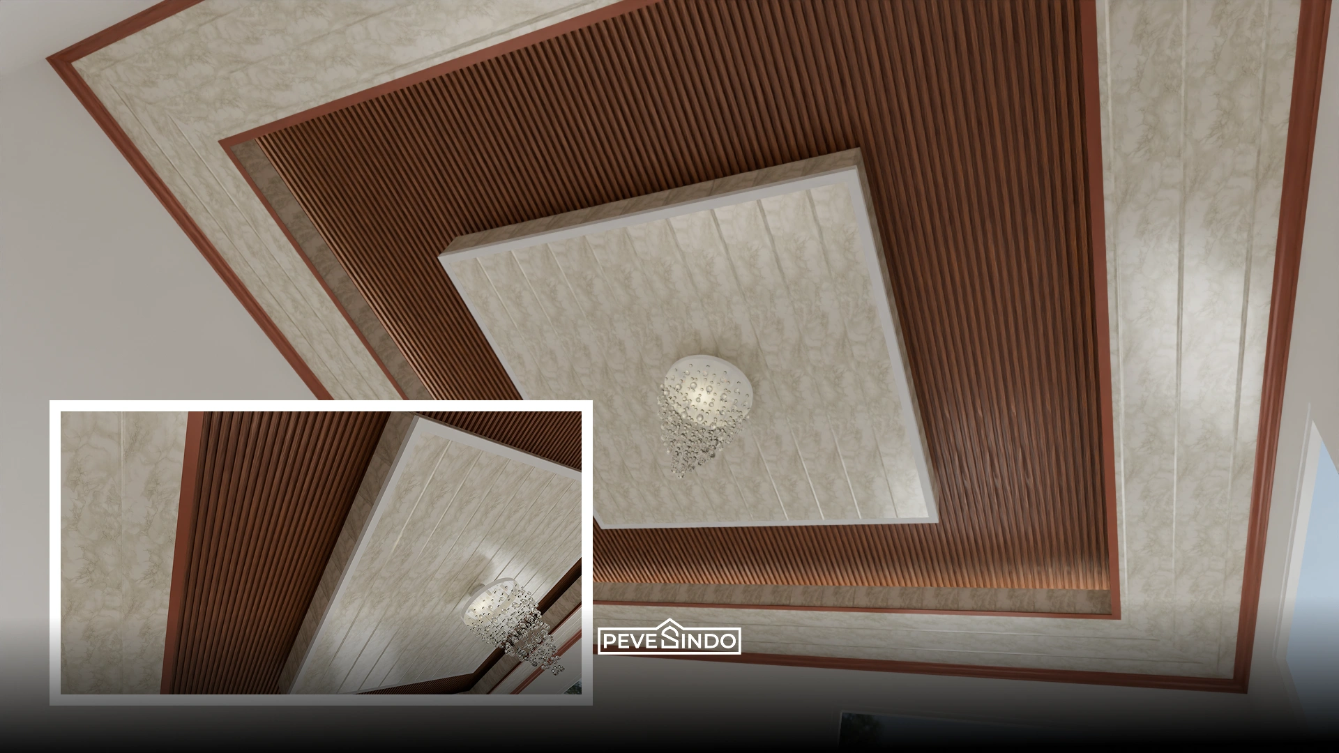 Kombinasi plafon PVC warna putih doff dan dinding panel akustik untuk studio kerja di rumah.