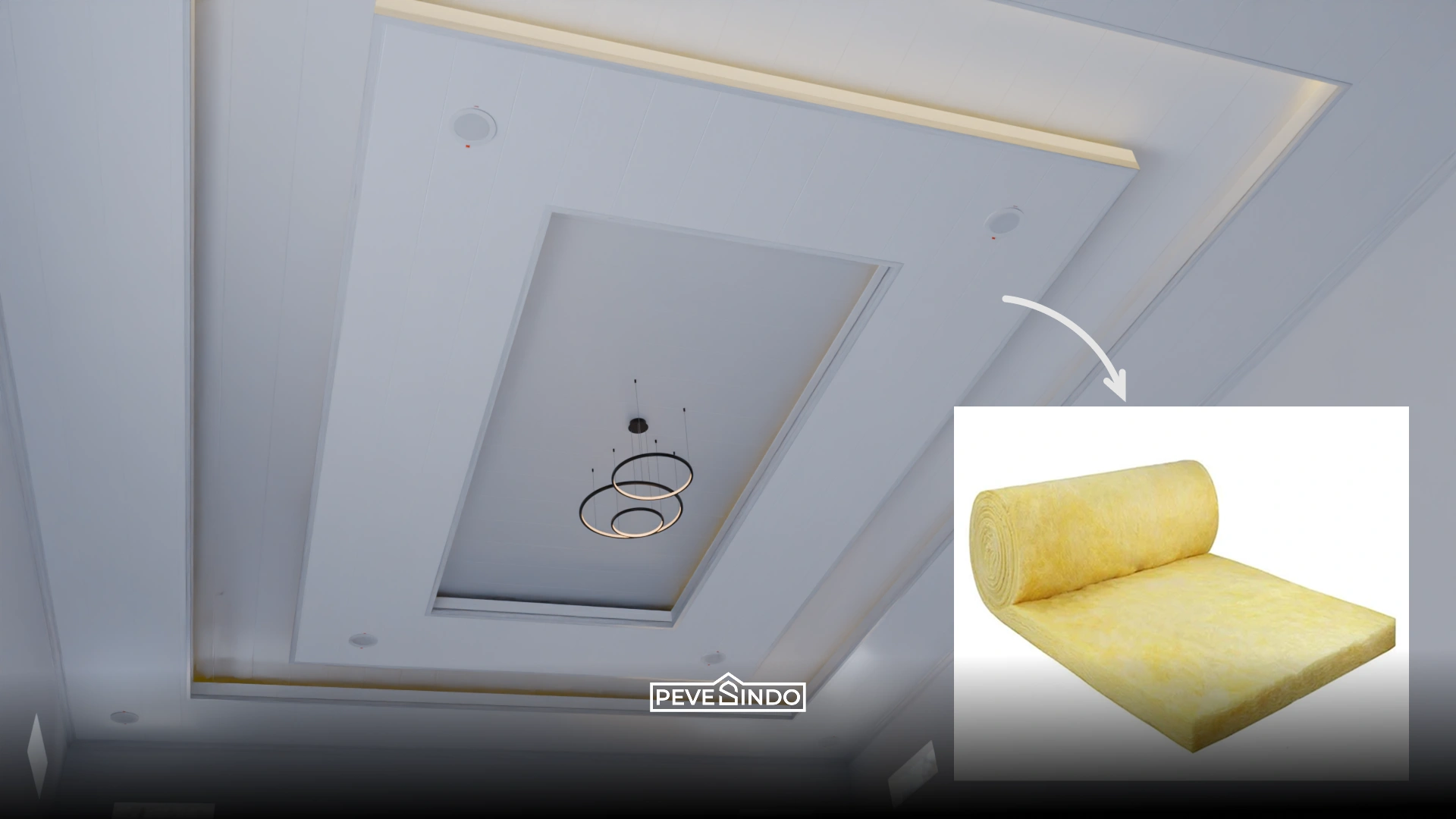 Model plafon PVC kantor drop ceiling warna putih dengan lampu sembunyi untuk ruang kerja kedap suara.