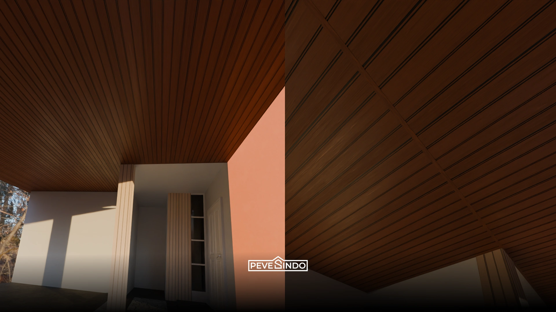 Inspirasi plafon PVC dengan aksen balok kayu gantung untuk dapur bersih gaya Skandinavia.