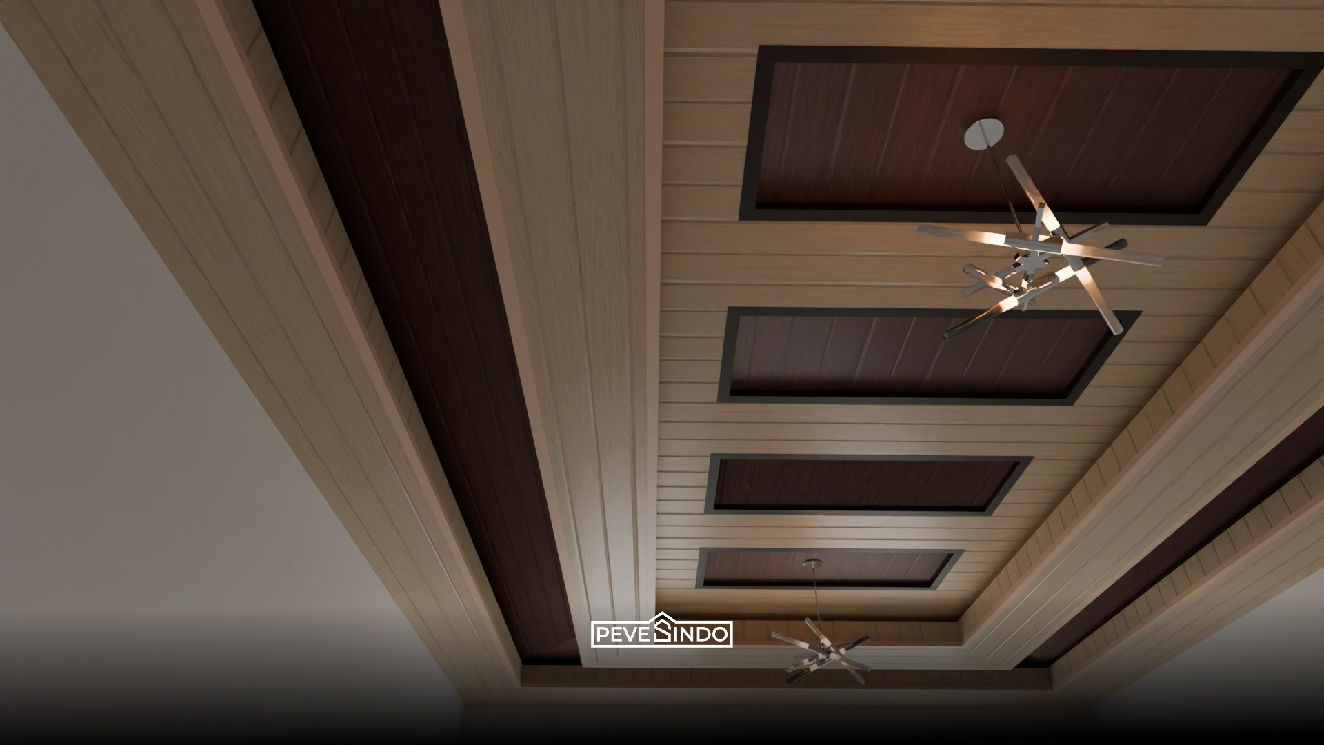 Pemasangan plafon PVC jalur memanjang untuk memberikan efek visual ruangan yang lebih panjang dan luas.