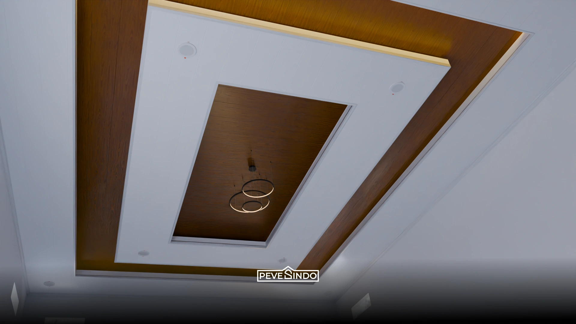 Plafon PVC motif kayu warna muda dipadukan dengan dinding putih pada kamar tidur minimalis.