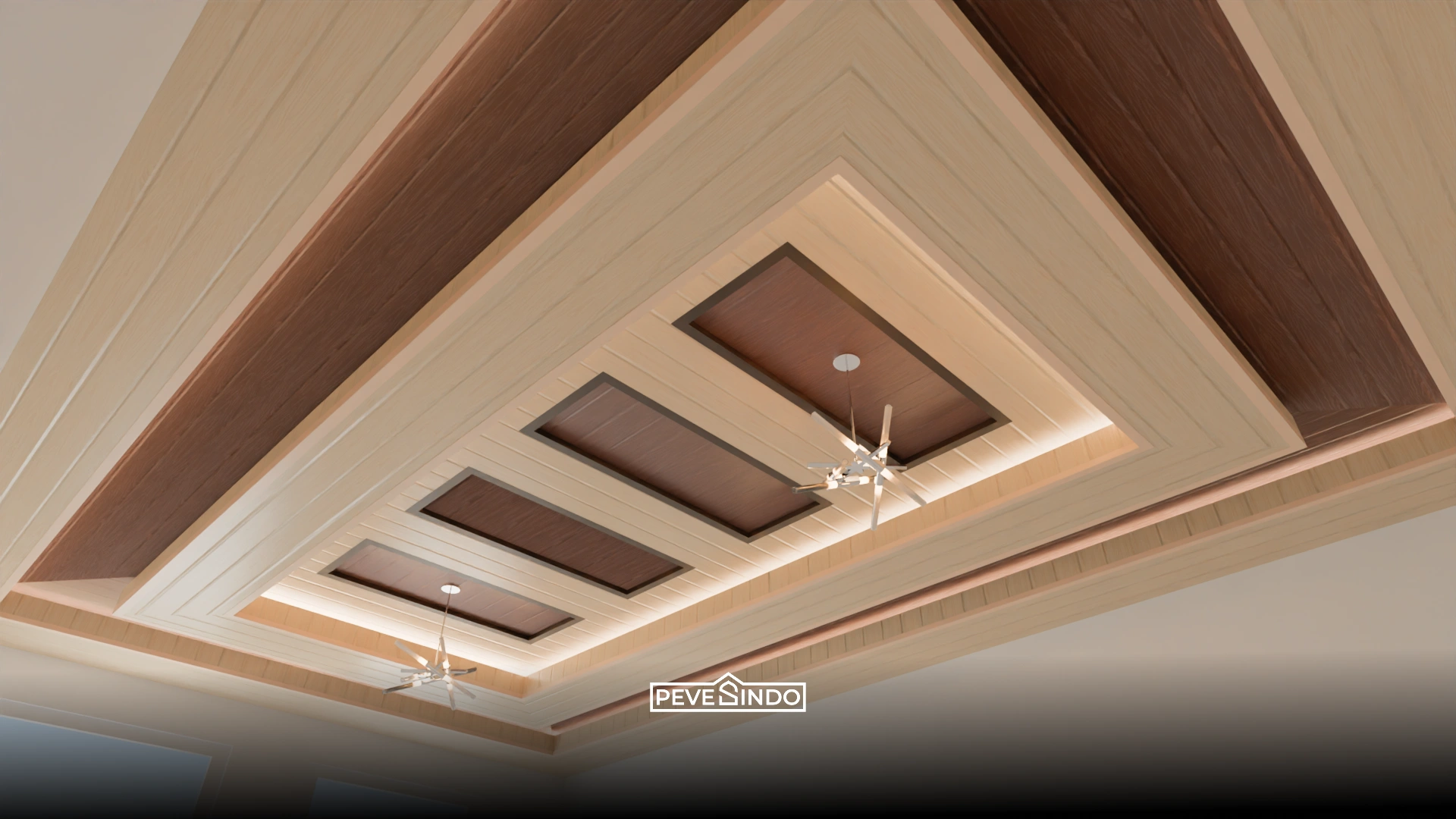 Desain plafon PVC drop ceiling dengan lampu LED tersembunyi untuk ruang keluarga modern.