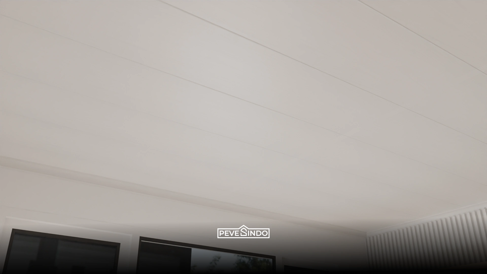 Model plafon PVC minimalis warna putih polos doff untuk ruang tamu gaya Skandinavia yang terang.