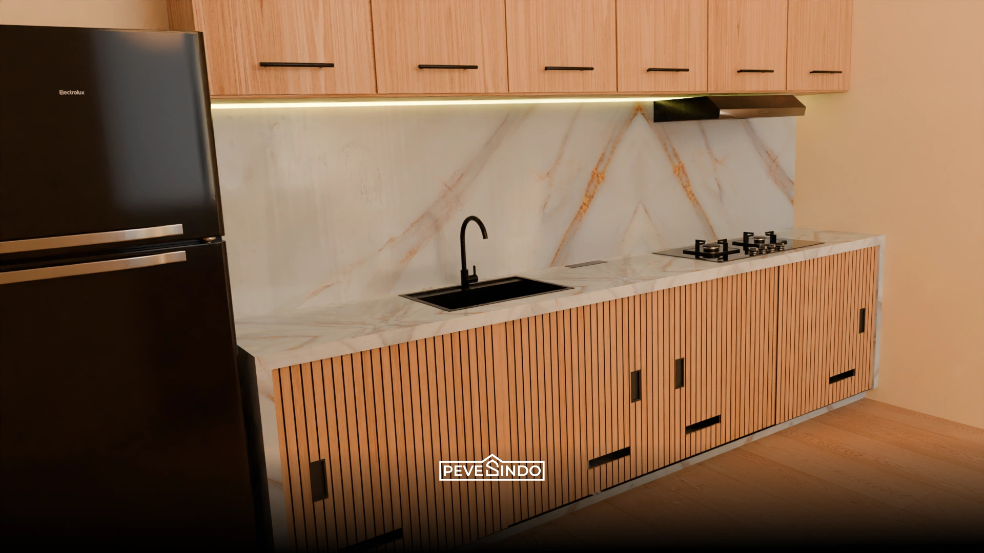 Desain dapur seamless dengan kabinet kisi-kisi yang menyatu dengan dinding marmer.