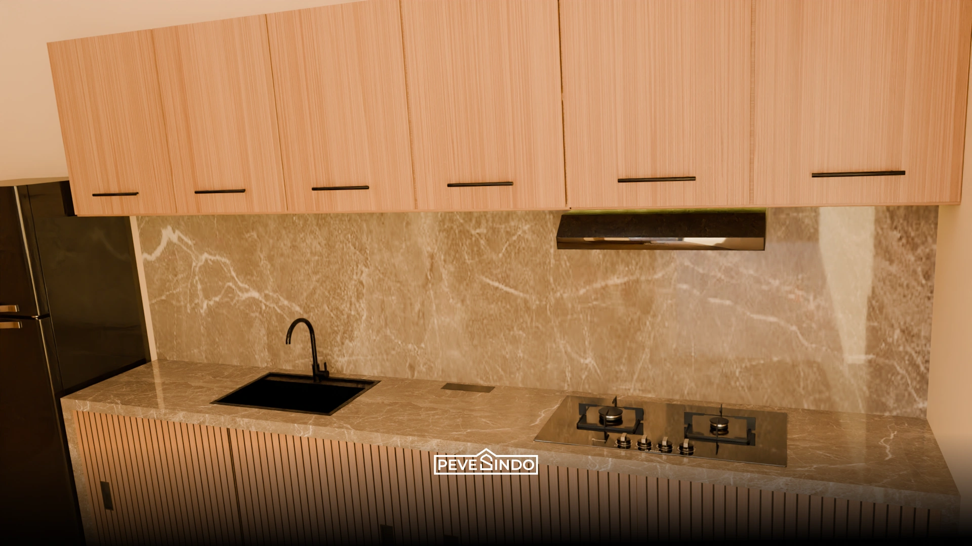 Dapur maskulin dengan dinding marmer abu-abu gelap dan aksen kisi-kisi kayu.