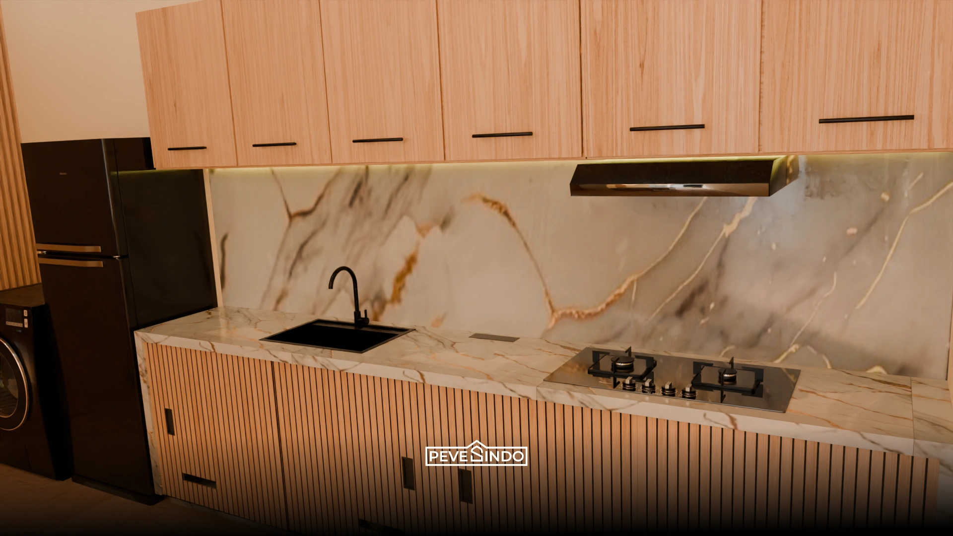 Kombinasi kabinet dapur kisi-kisi kayu natural dengan dinding marmer putih mewah.