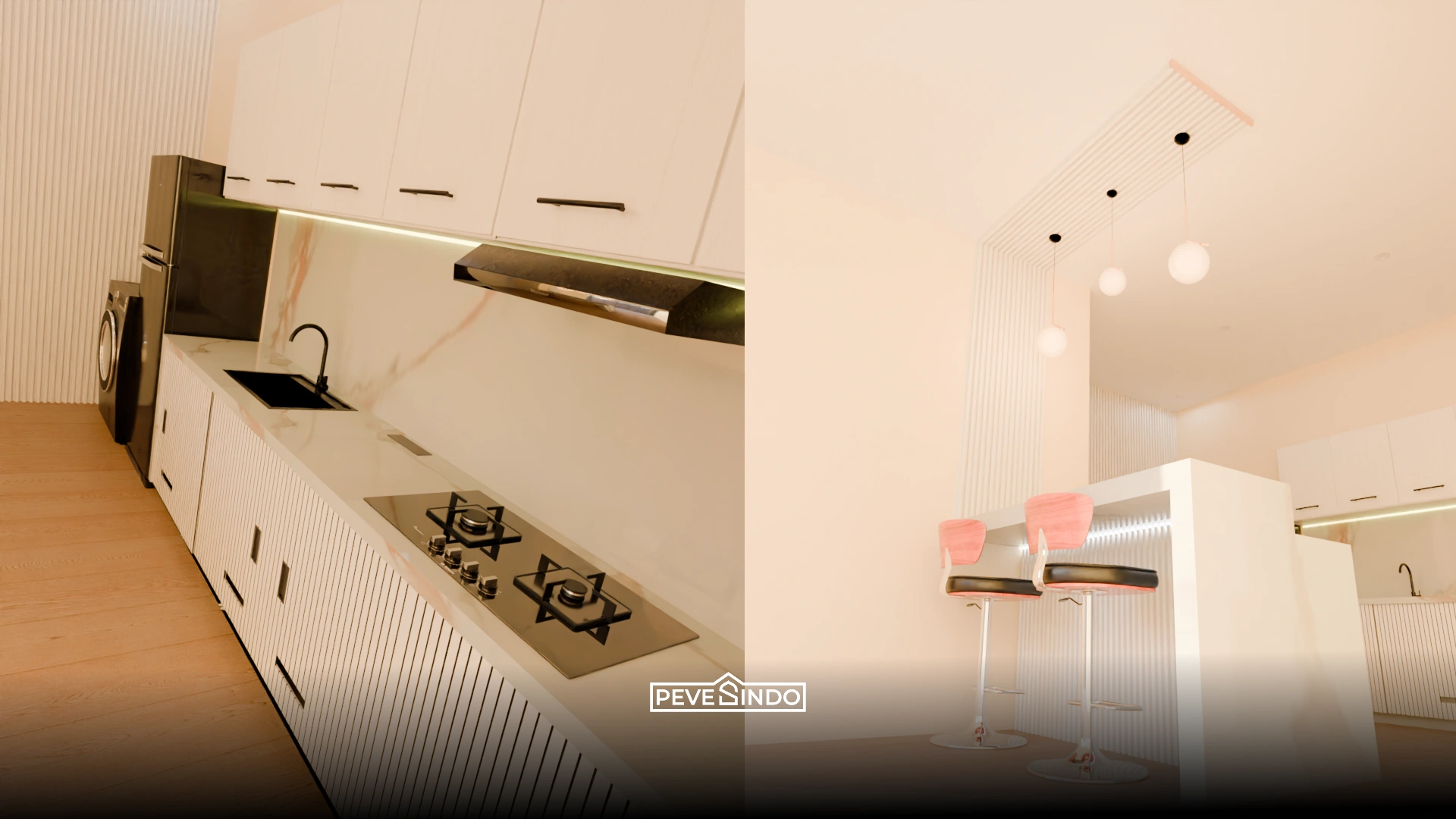 Desain dapur bersih dengan mini bar putih kisi-kisi dan backsplash marmer elegan.