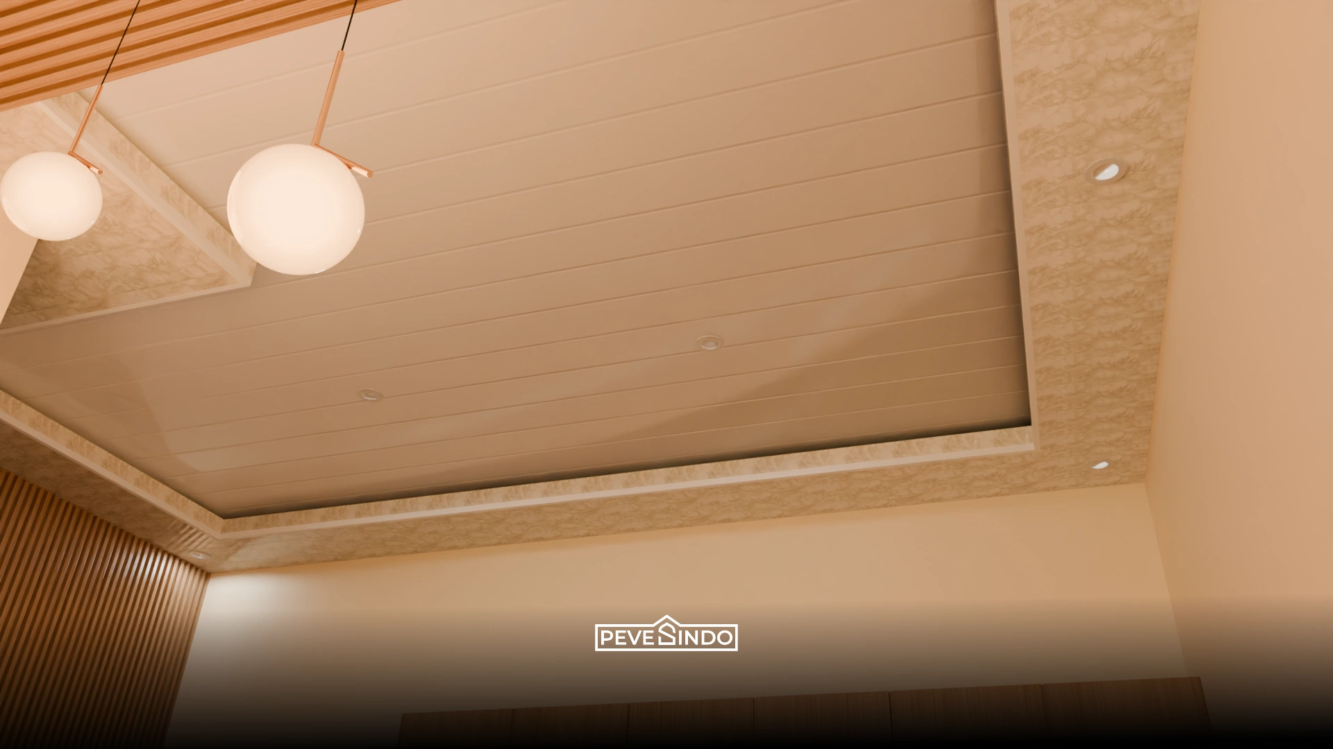 Contoh plafon PVC dapur motif marmer klasik yang memberikan kesan mewah dan glossy.